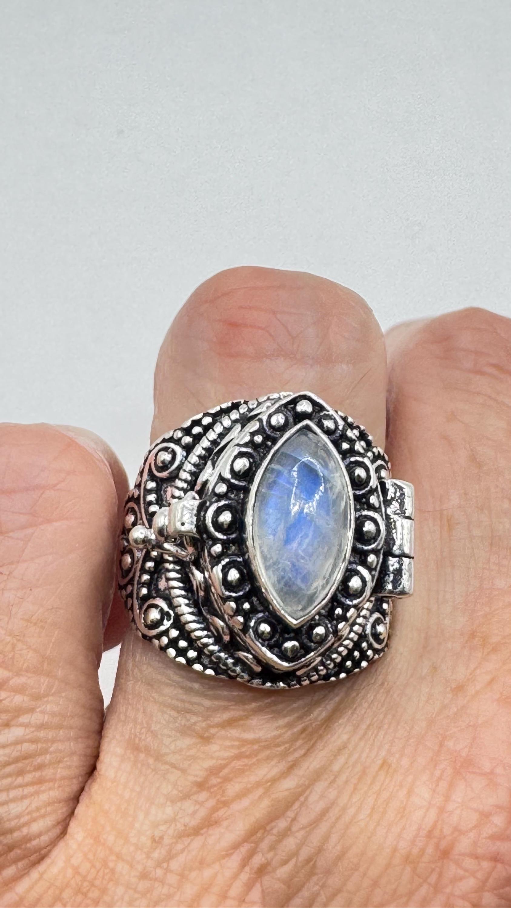 Vintage Rainbow Moonstone Brass Poison Pillbox Ring