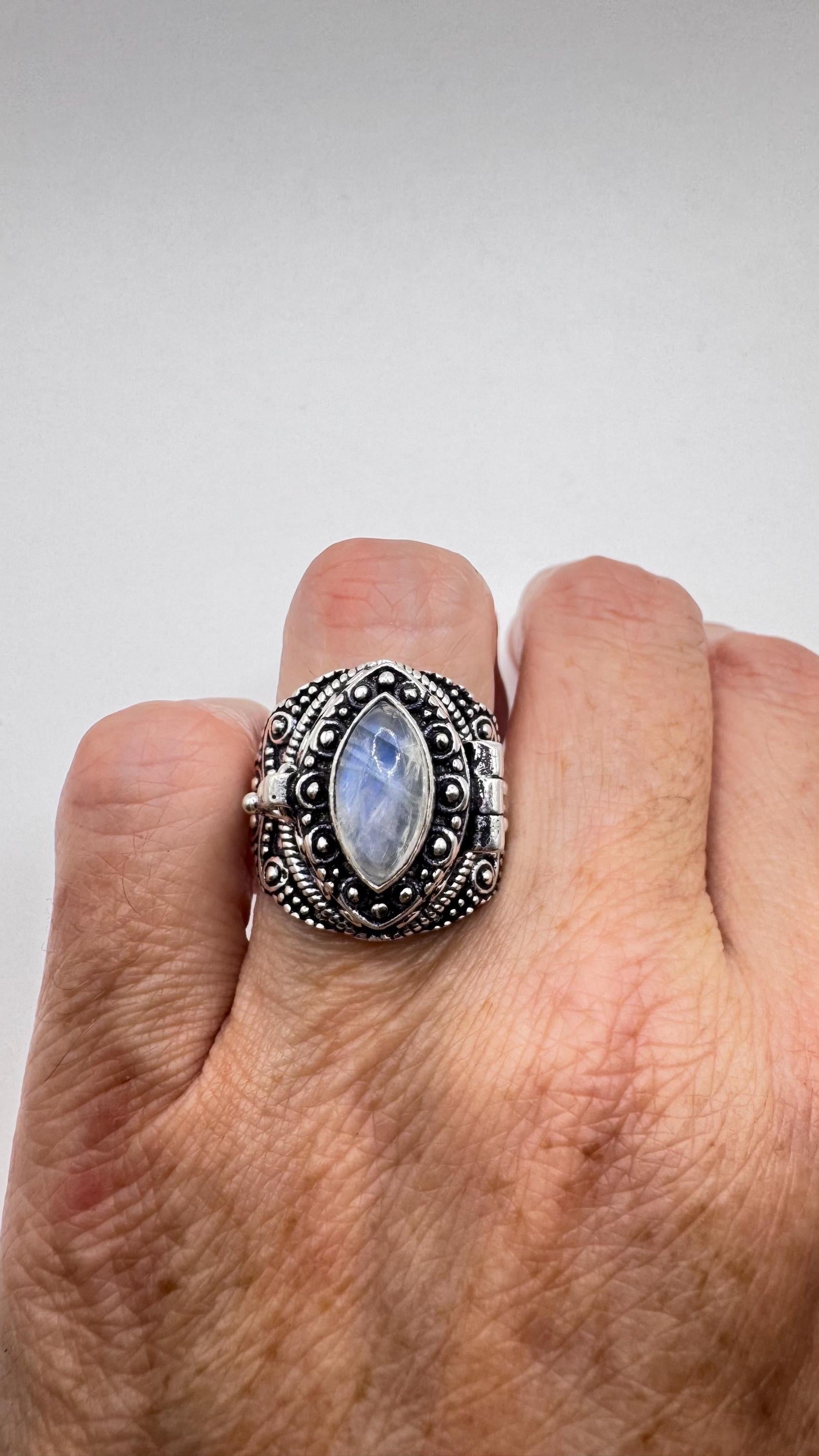 Vintage Rainbow Moonstone Brass Poison Pillbox Ring