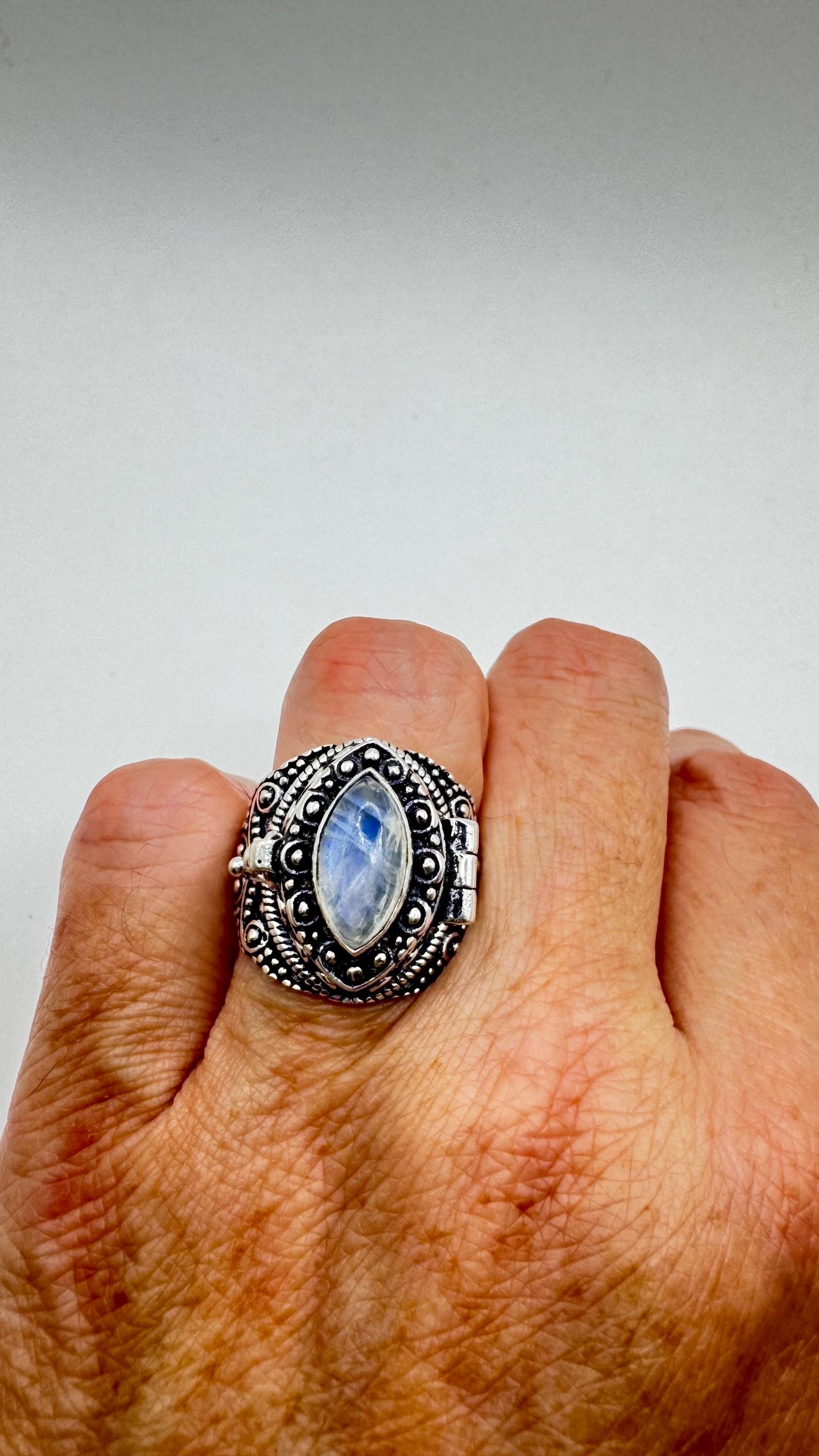 Vintage Rainbow Moonstone Brass Poison Pillbox Ring