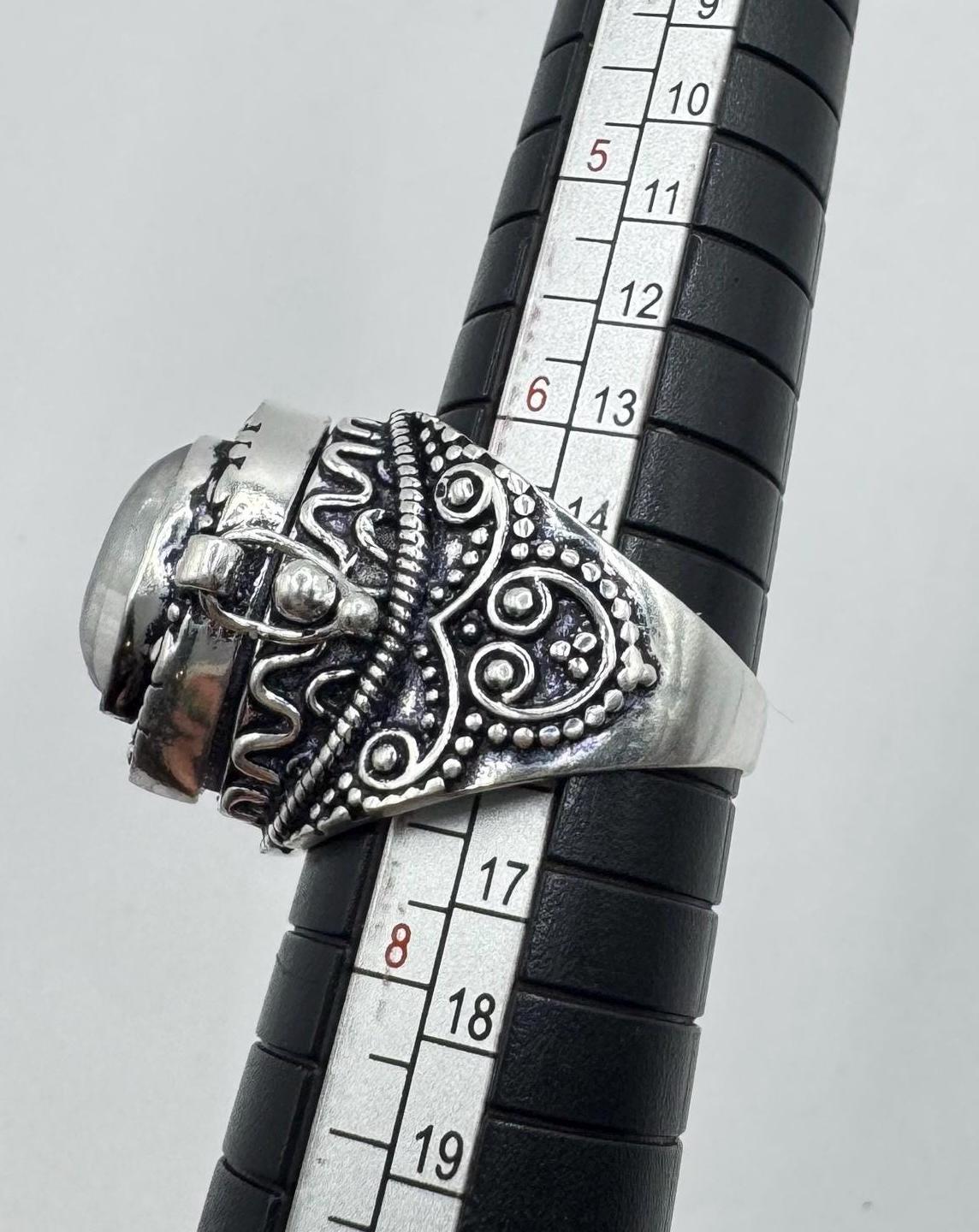 Vintage Rainbow Moonstone Brass Poison Pillbox Ring