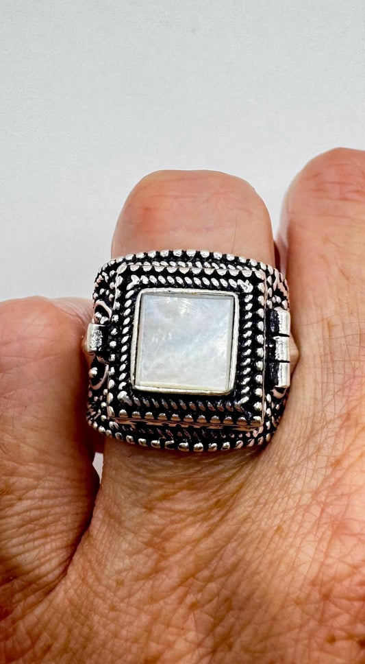 Vintage Rainbow Moonstone Brass Poison Pillbox Ring