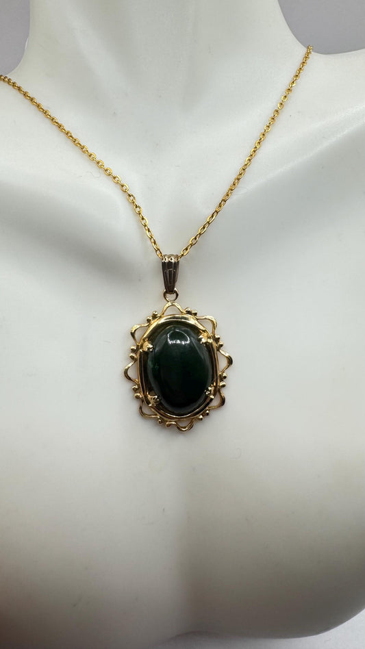 Vintage Green Jade Leaf Yellow Gold Filled Necklace