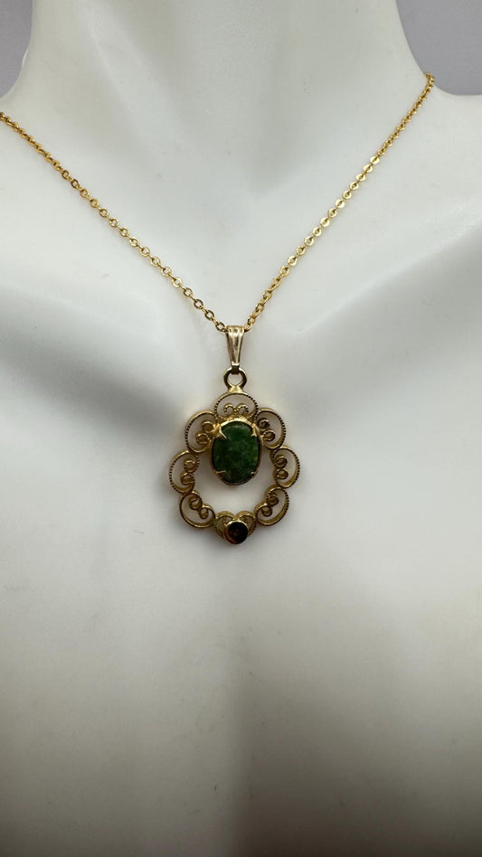 Vintage Green Jade Leaf Yellow Gold Filled Necklace