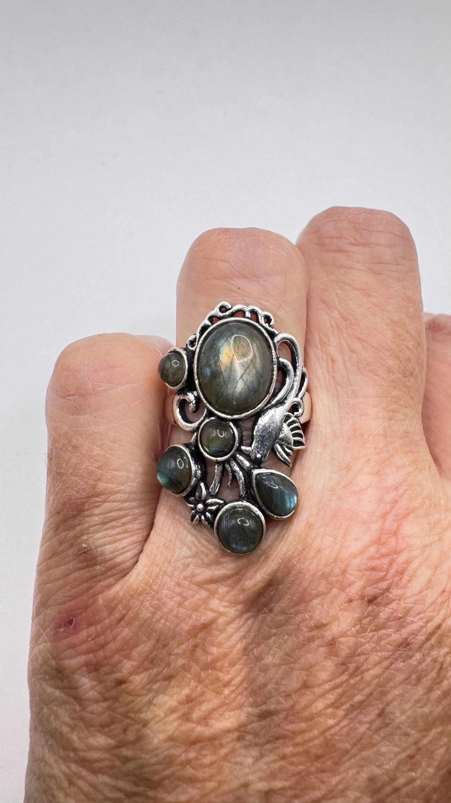 Vintage Large Blue Green Labradorite Silver Chunky Statement Cocktal Ring