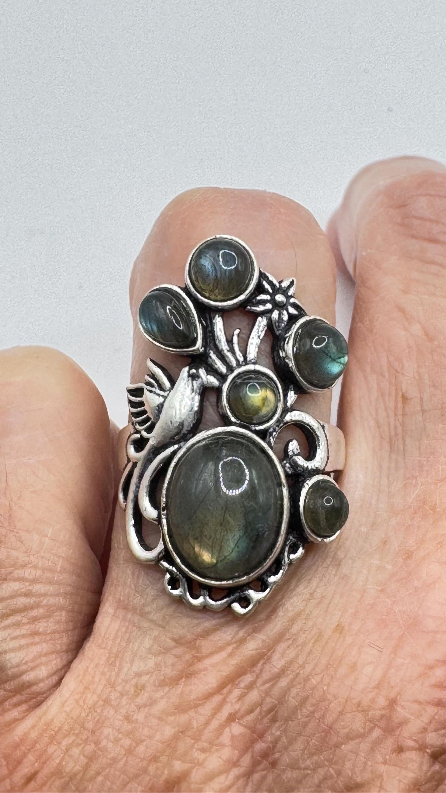 Vintage Large Blue Green Labradorite Silver Chunky Statement Cocktal Ring