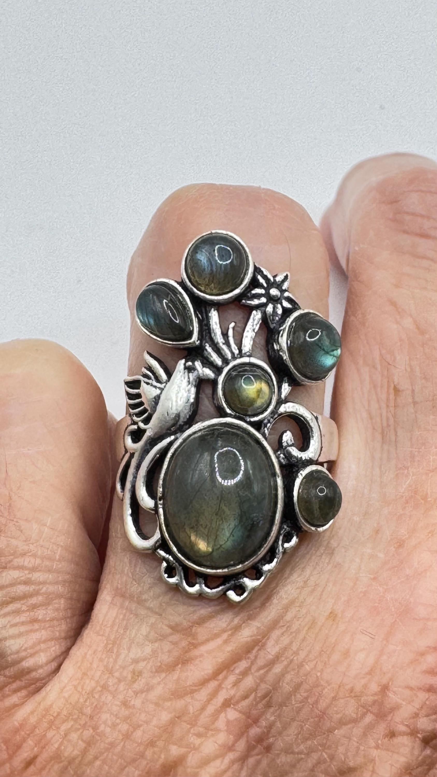 Vintage Large Blue Green Labradorite Silver Chunky Statement Cocktal Ring