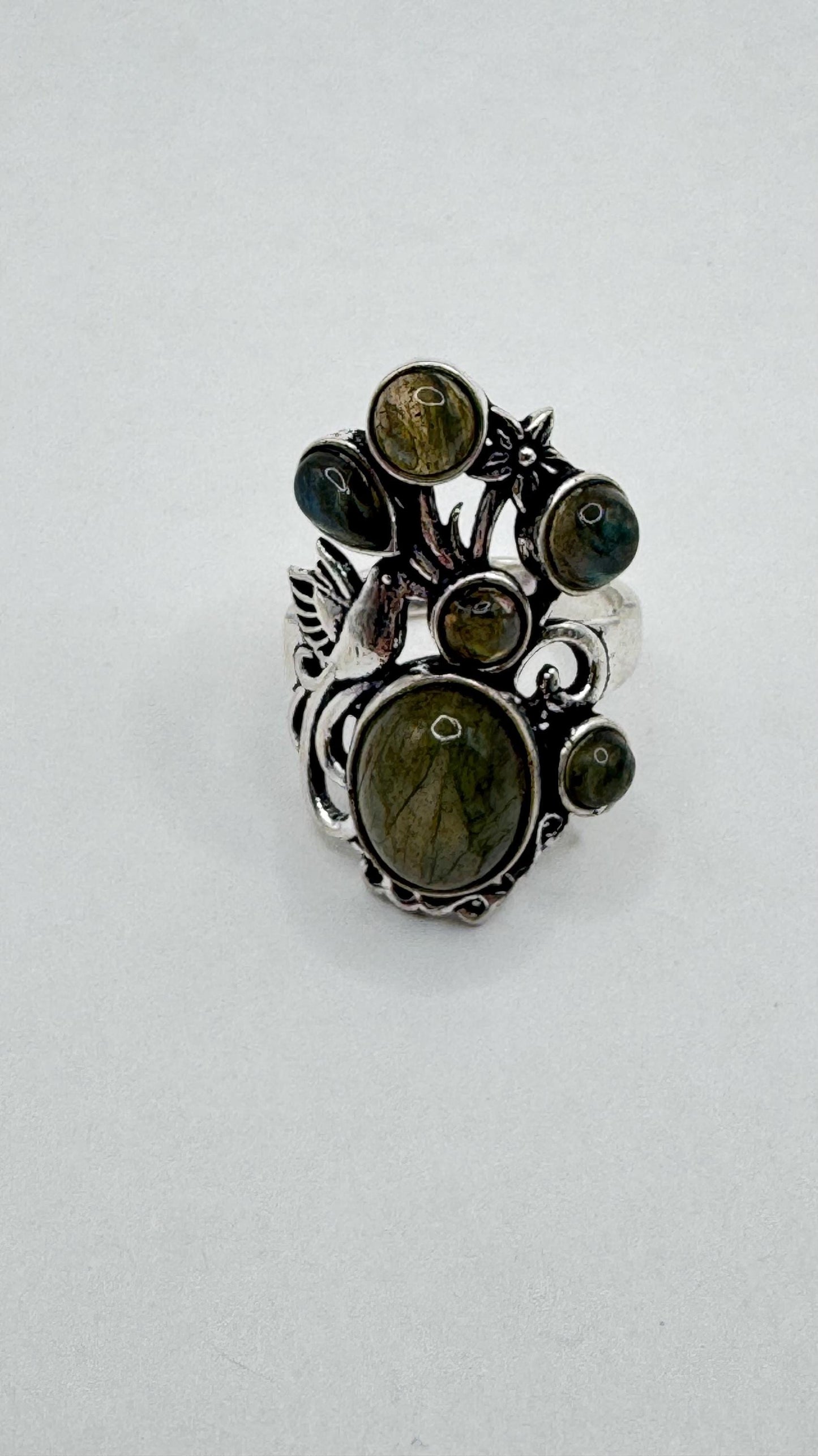 Vintage Large Blue Green Labradorite Silver Chunky Statement Cocktal Ring