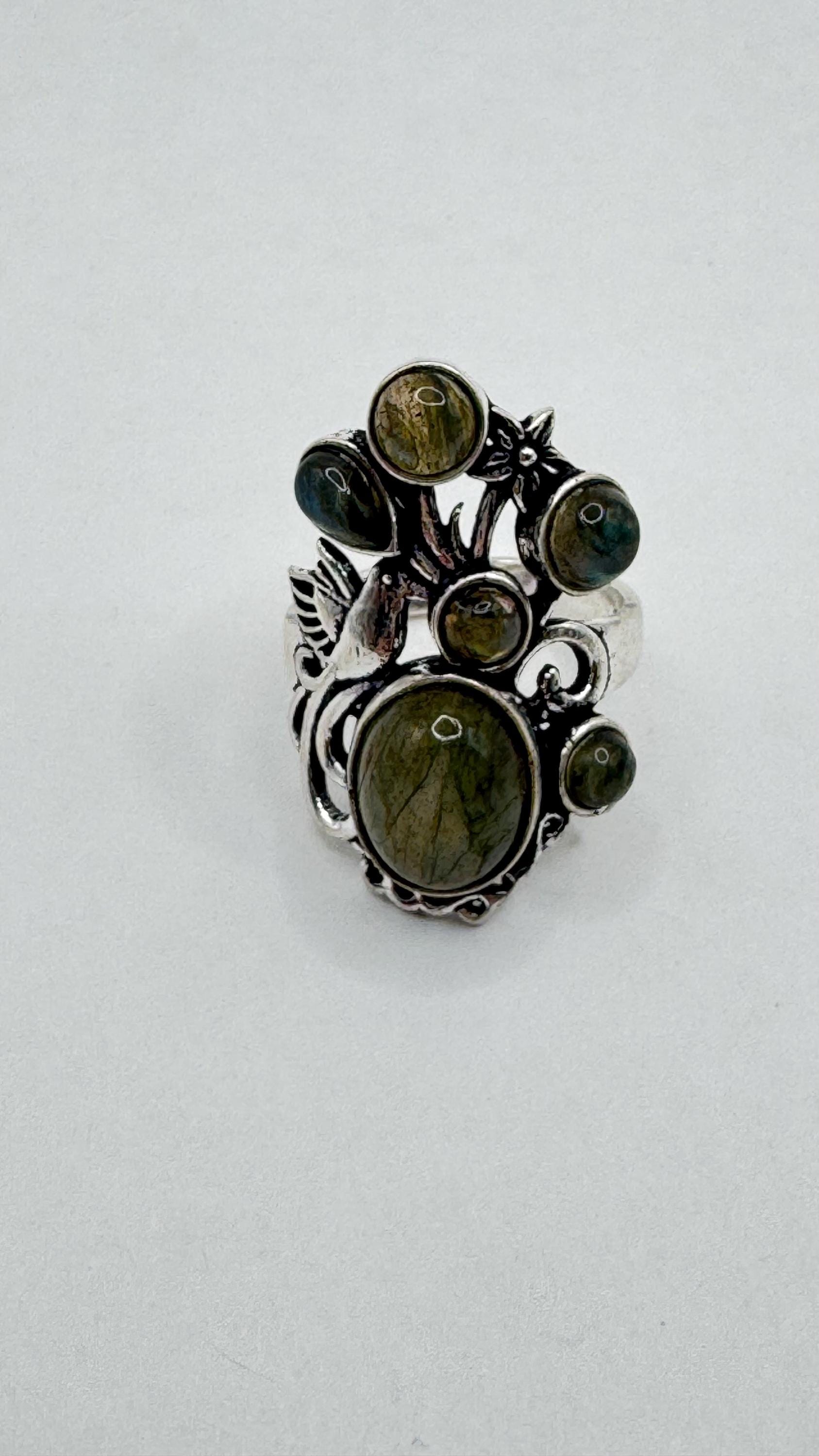 Vintage Large Blue Green Labradorite Silver Chunky Statement Cocktal Ring