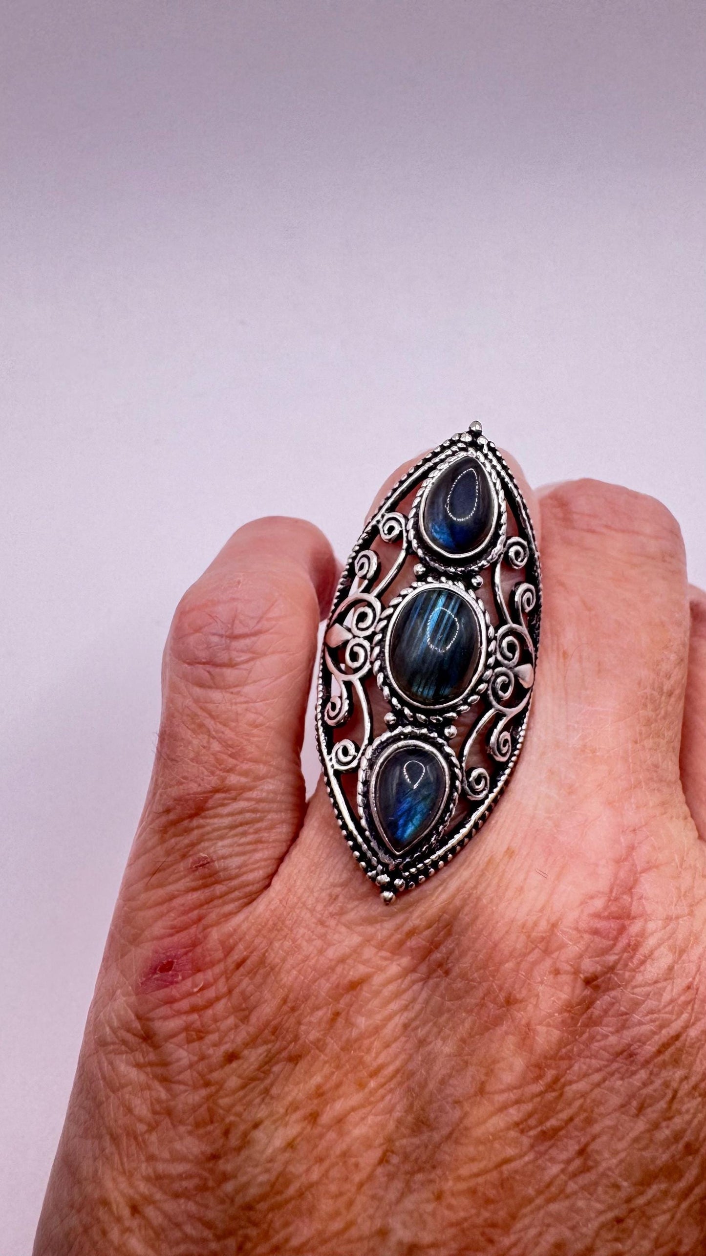 Vintage Large Blue Green Labradorite Stone Silver Ring Size 8