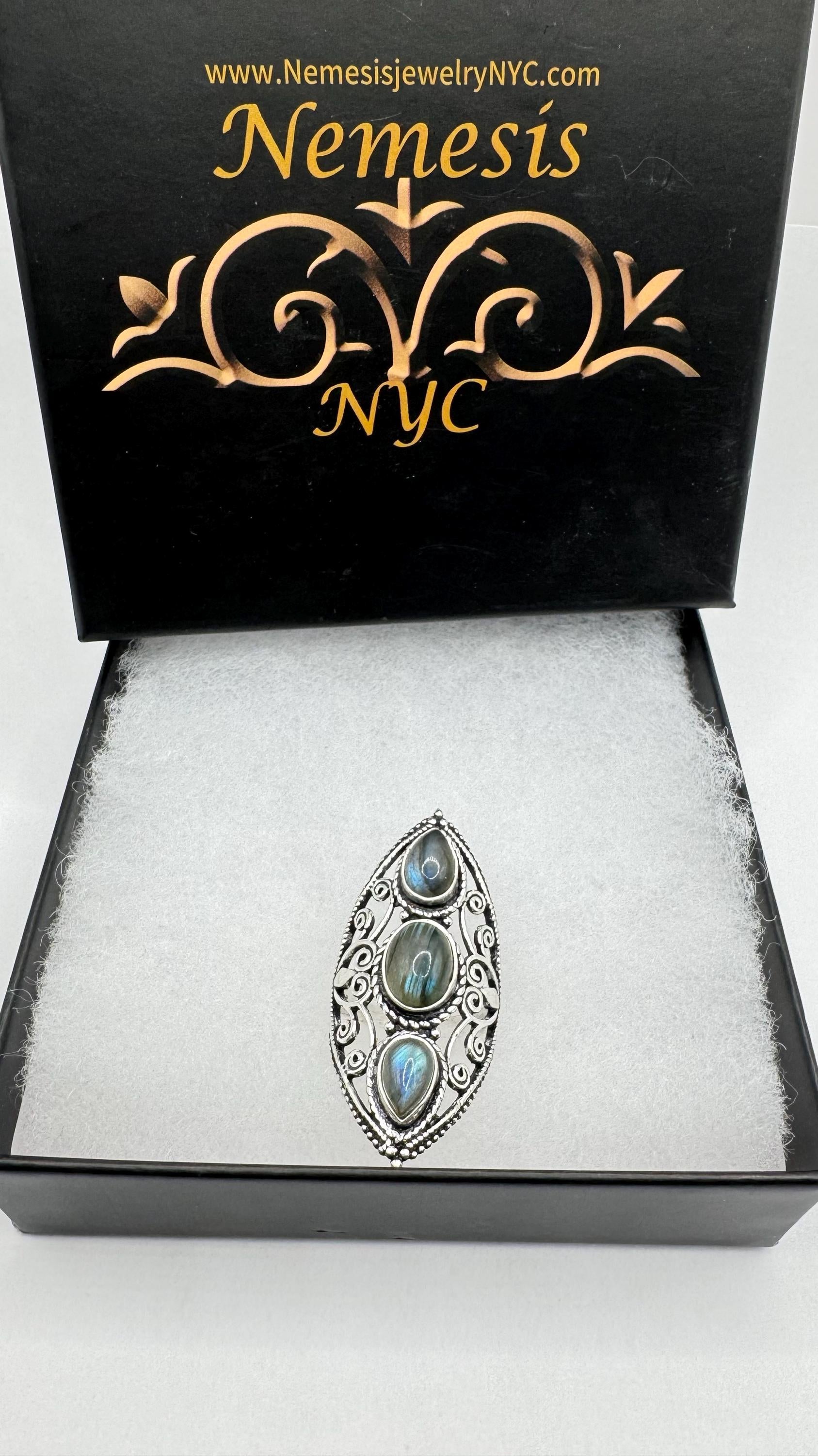 Vintage Large Blue Green Labradorite Stone Silver Ring Size 8