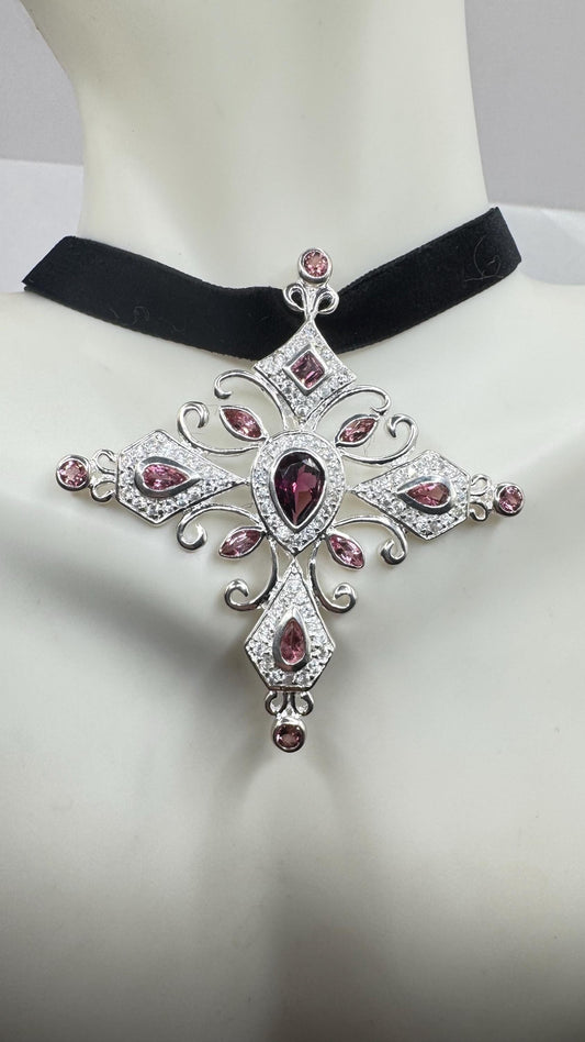 Vintage Red Cross Choker Tourmaline 925 Sterling Silver Cross Pendant