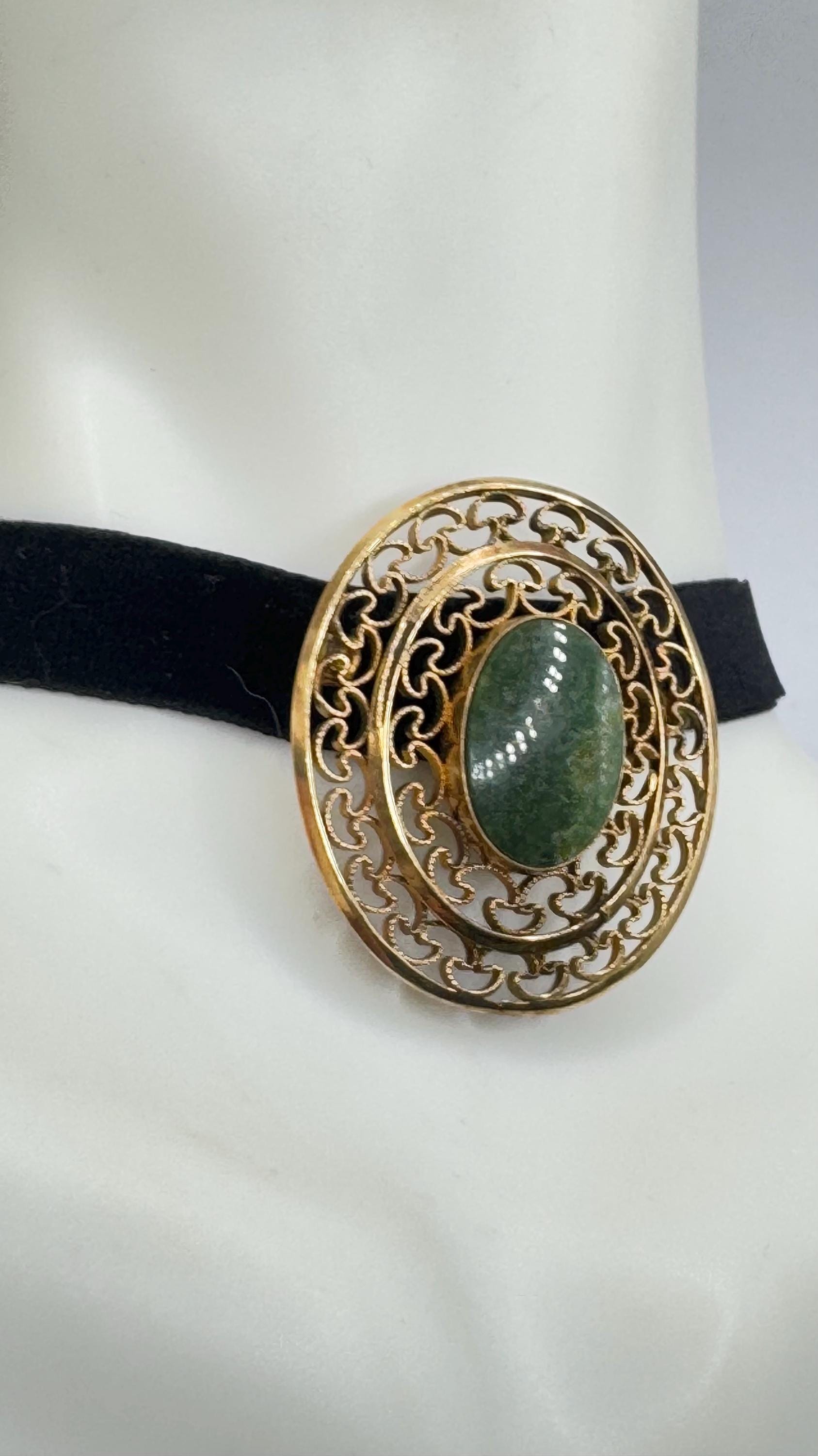 Vintage Green Jade Yellow Gold Filled Brooch Pin