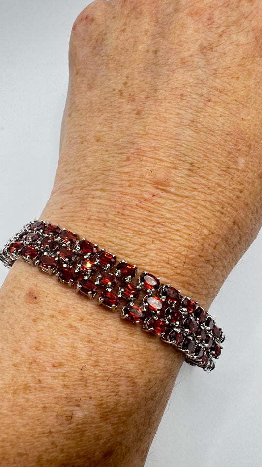 Vintage Bohemian Red Garnet Bracelet 925 Sterling Silver