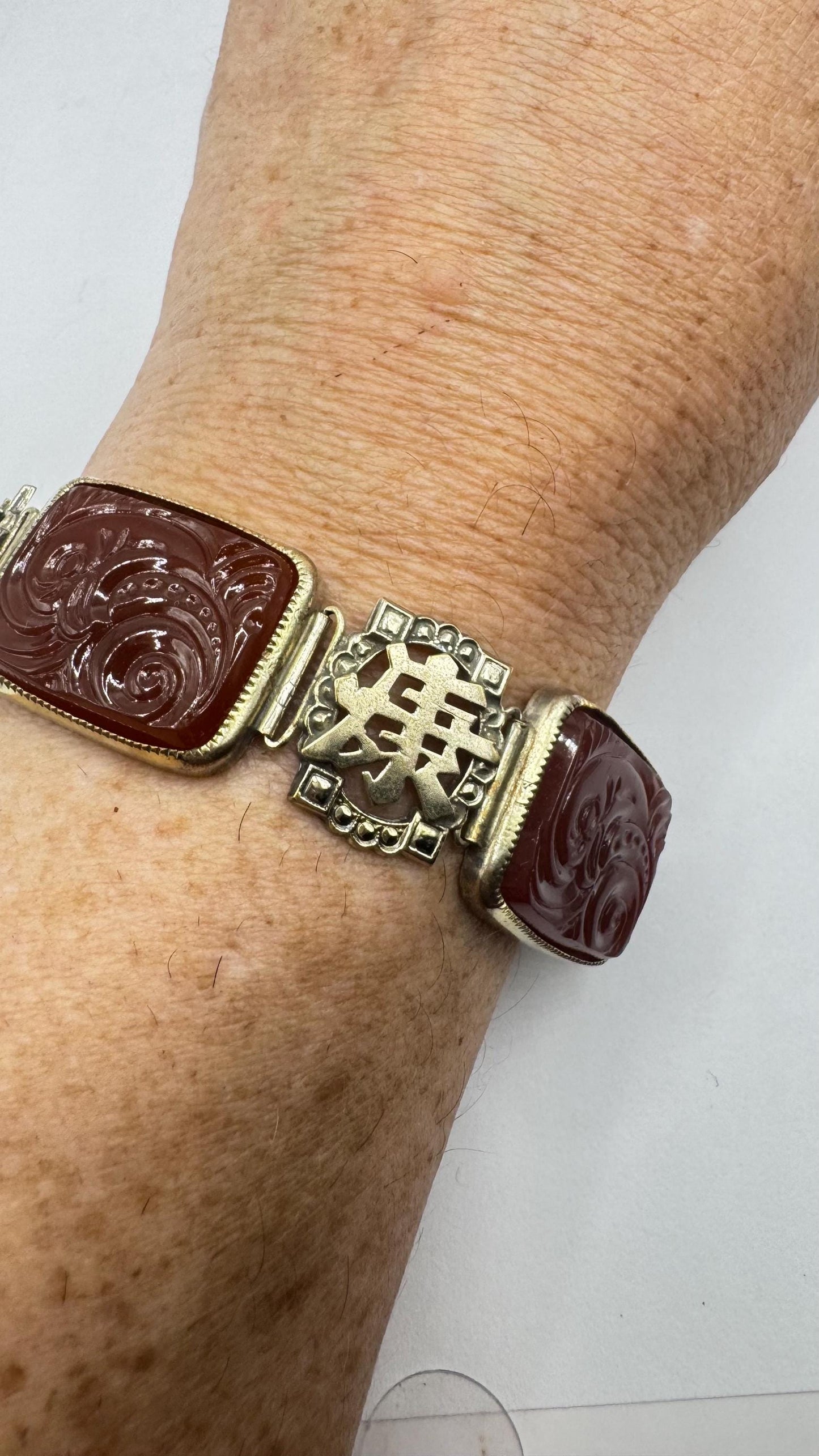 Vintage Carnelian Chinese calligraphy Silver lucky bracelet