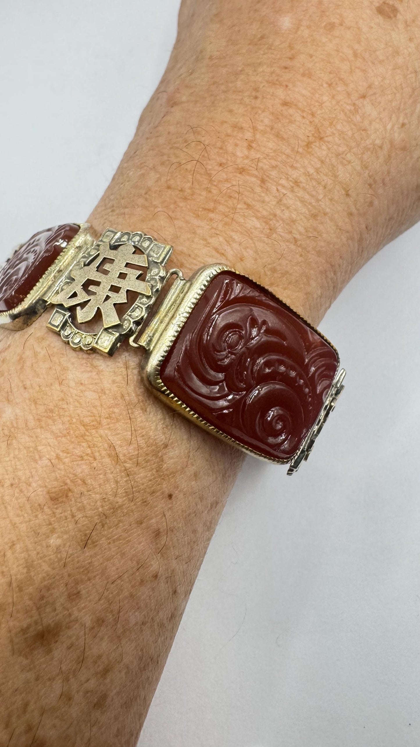Vintage Carnelian Chinese calligraphy Silver lucky bracelet