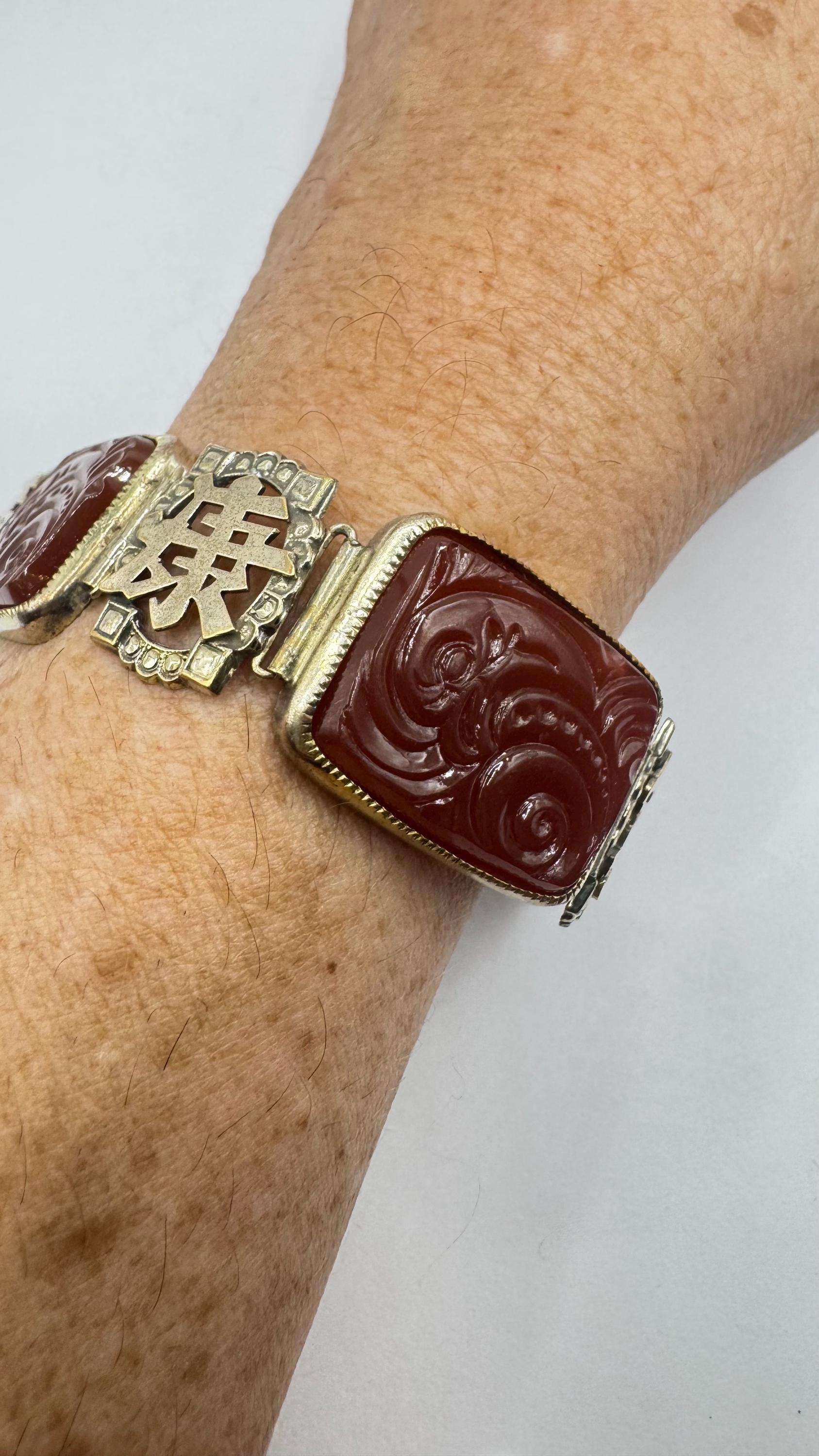 Vintage Carnelian Chinese calligraphy Silver lucky bracelet