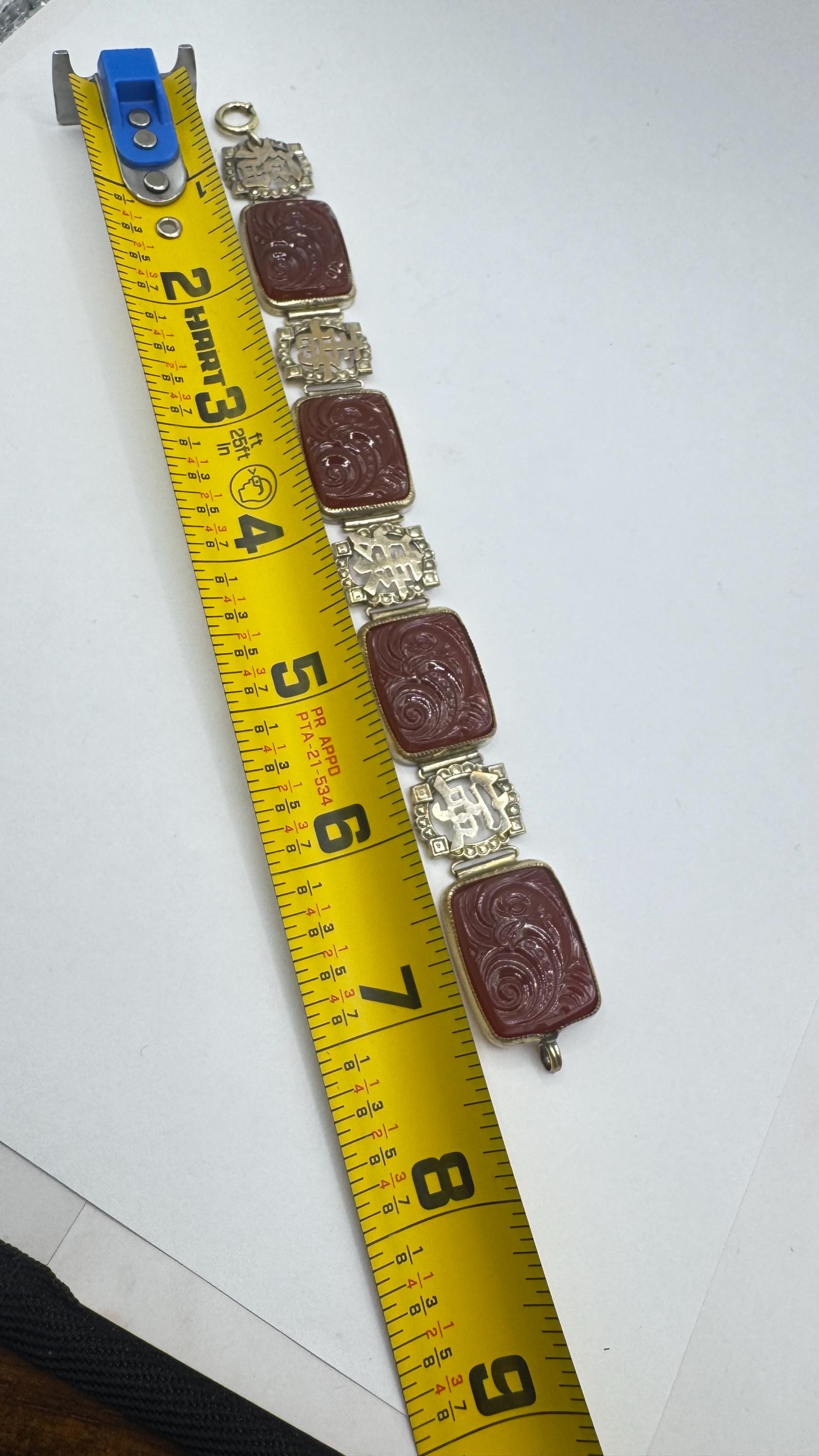 Vintage Carnelian Chinese calligraphy Silver lucky bracelet