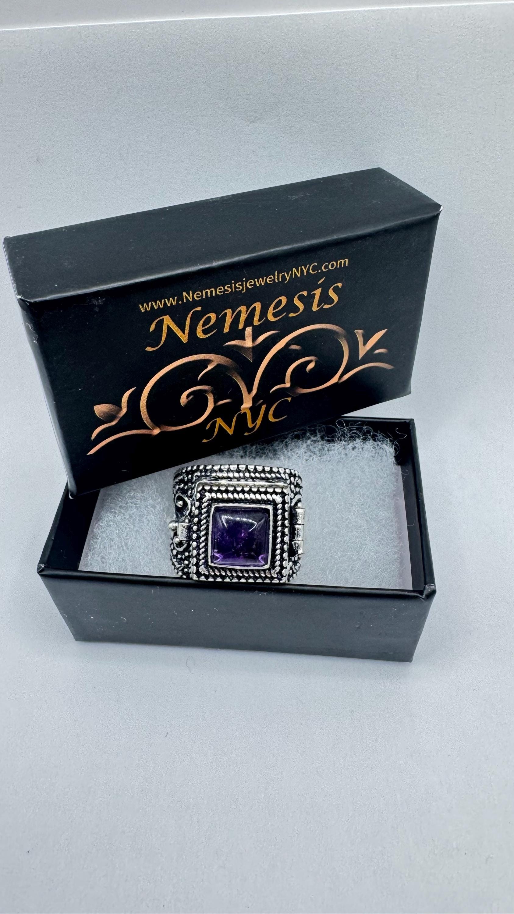 Vintage Purple Amethyst Silver Bronze Poison Pillbox Ring