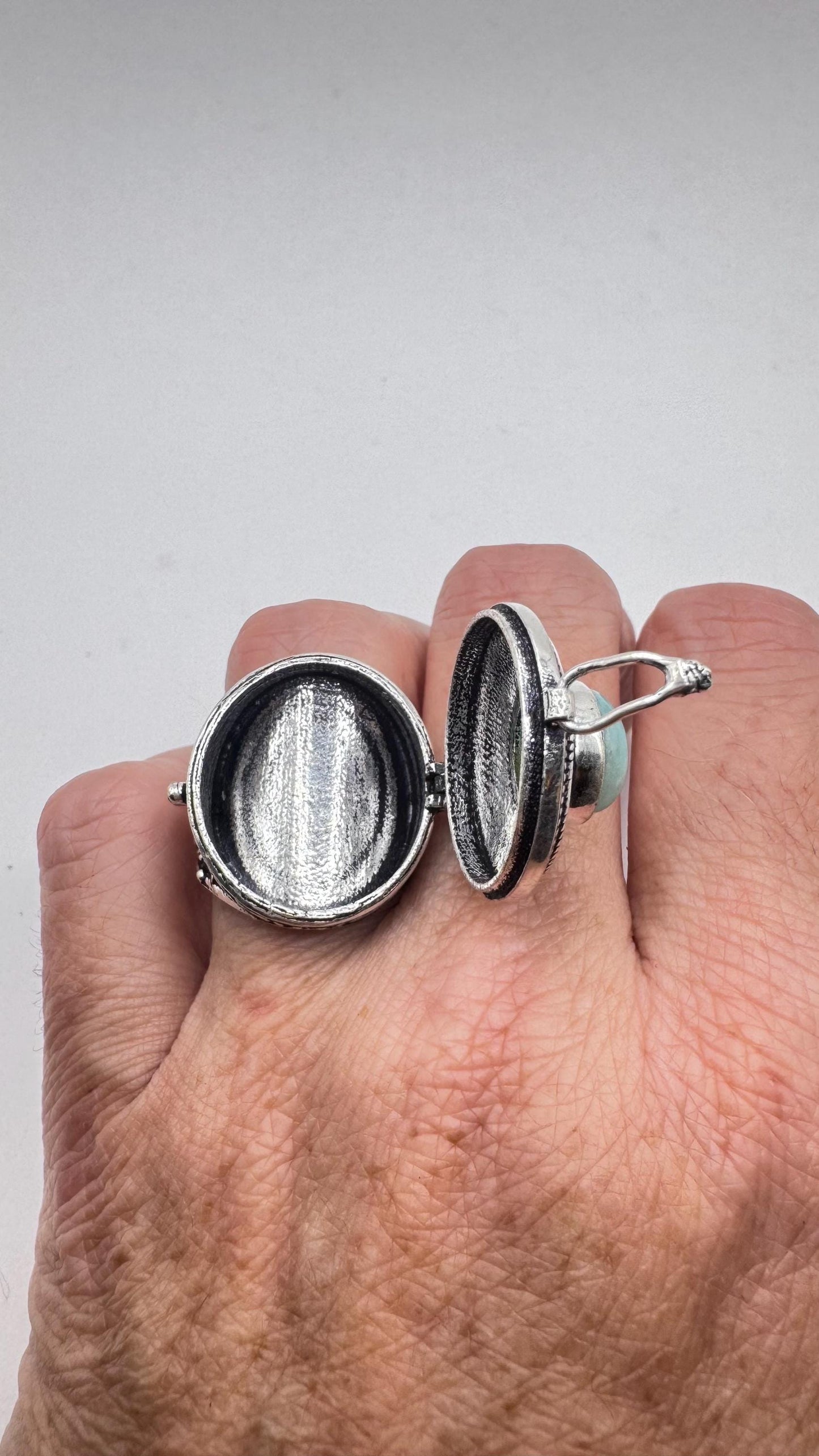 Vintage Blue Larimar Silver Bronze Poison Pillbox Ring