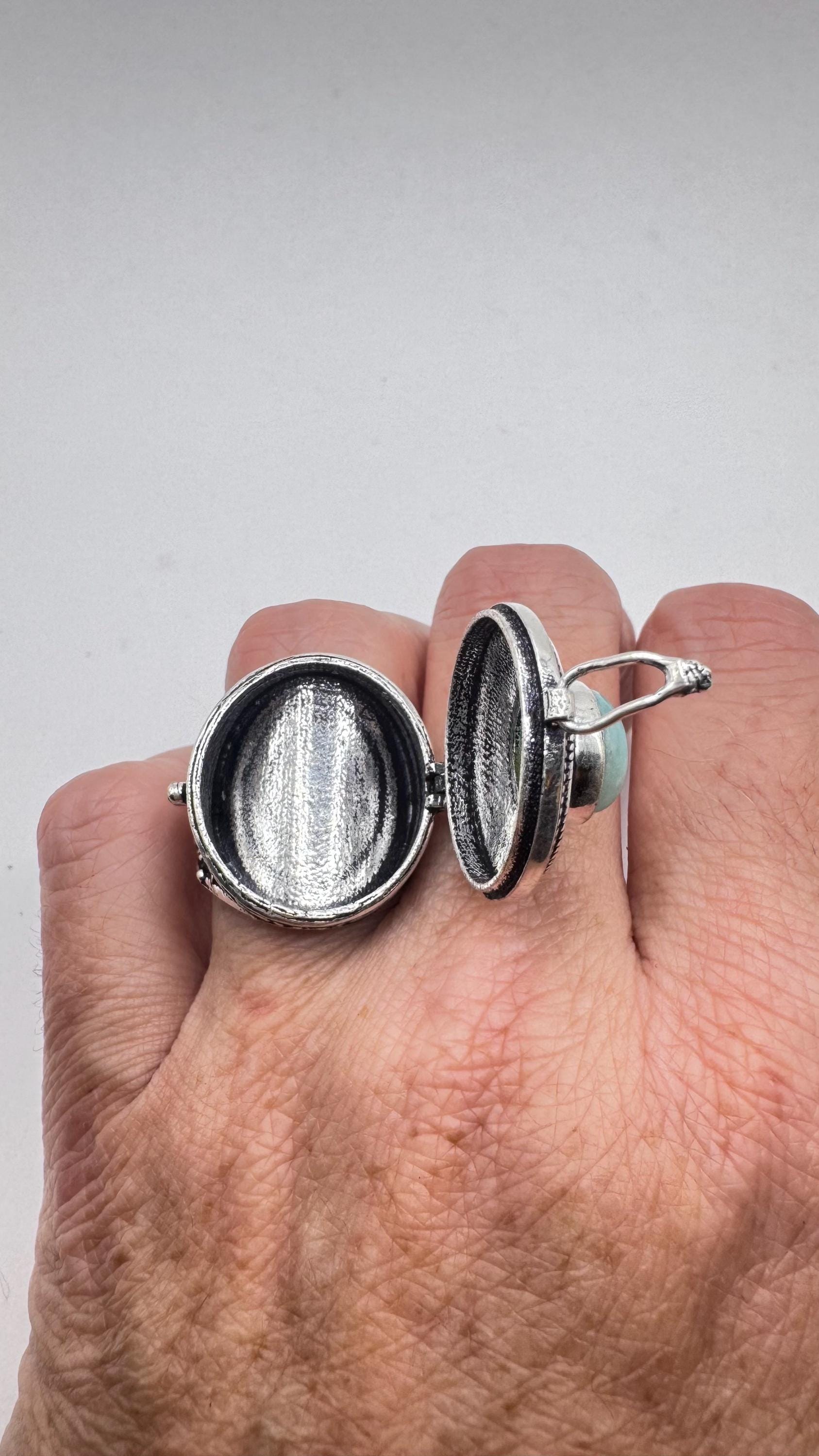 Vintage Blue Larimar Silver Bronze Poison Pillbox Ring