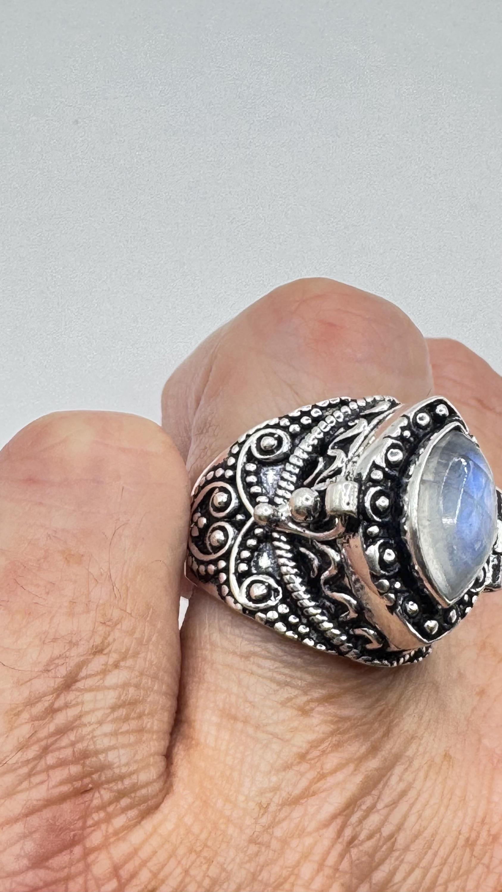Vintage Rainbow Moonstone Brass Poison Pillbox Ring