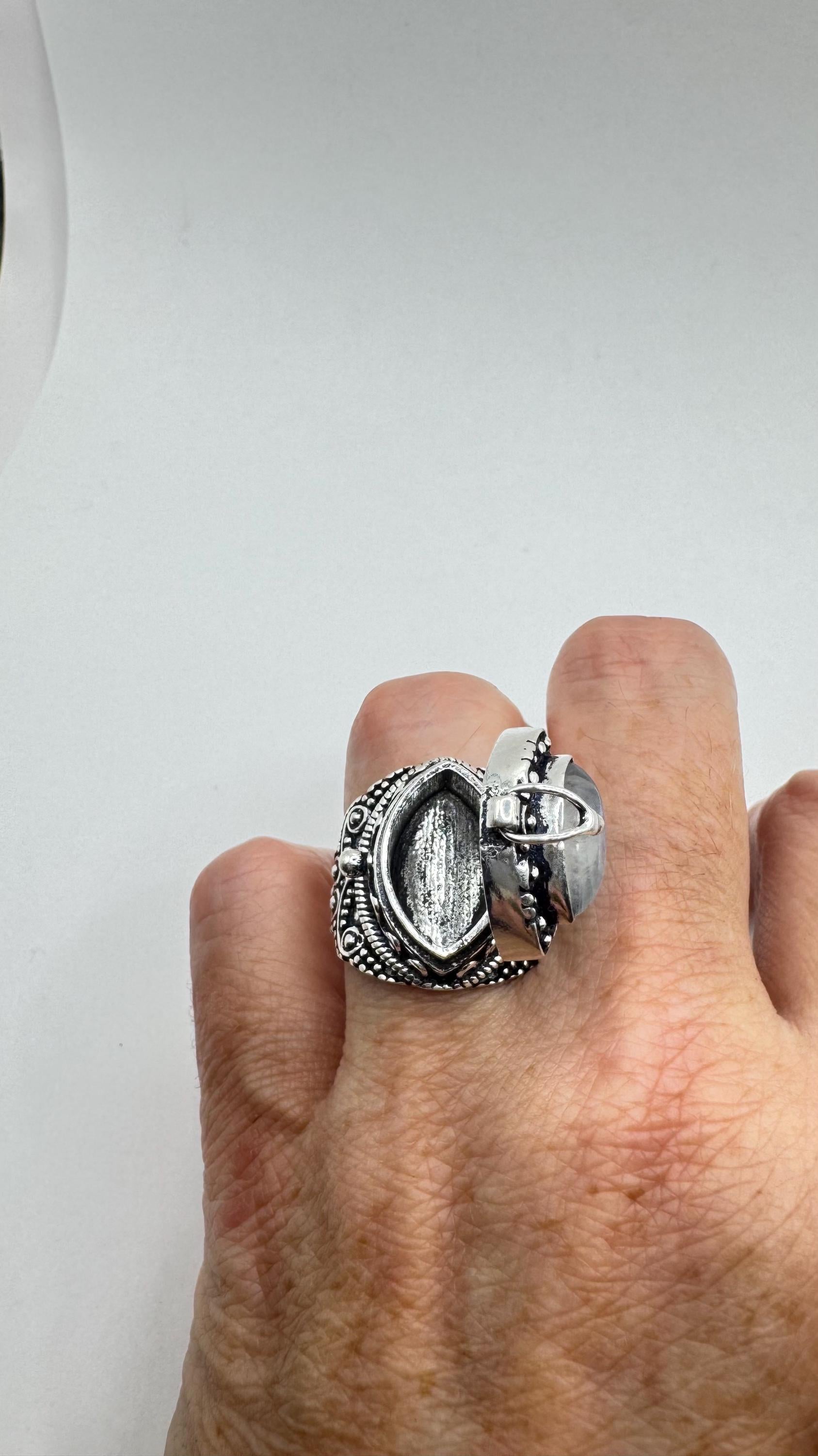 Vintage Rainbow Moonstone Brass Poison Pillbox Ring