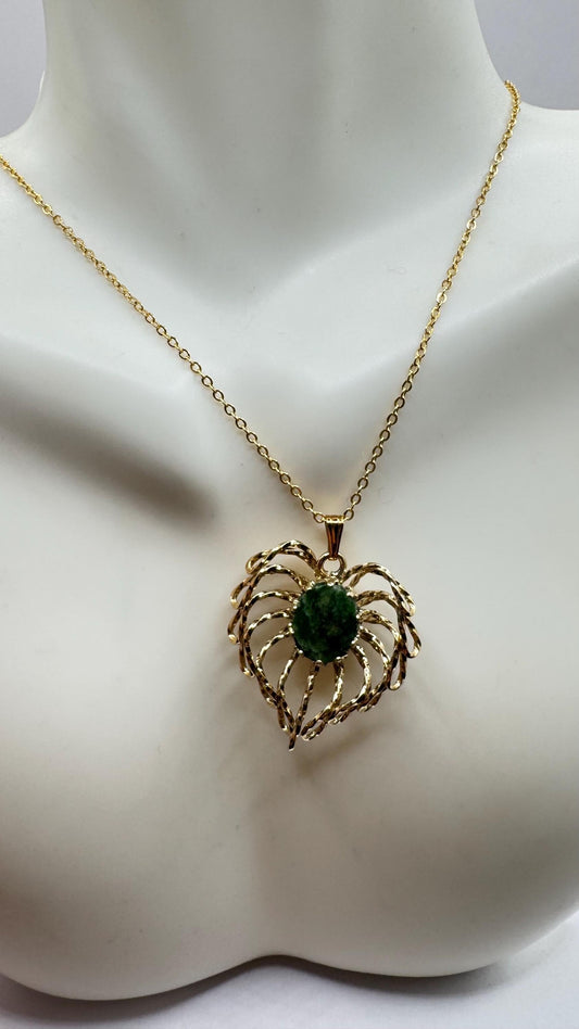 Vintage Green Jade Leaf Yellow Gold Filled Necklace
