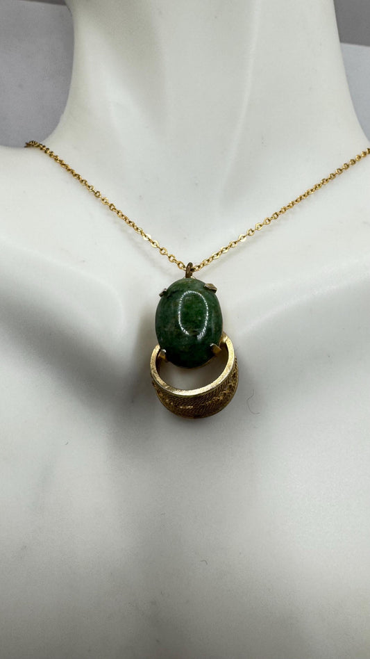 Vintage Green Jade Leaf Yellow Gold Filled Necklace
