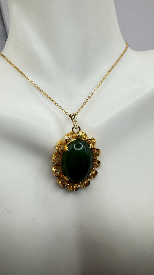 Vintage Green Jade Leaf Yellow Gold Filled Necklace