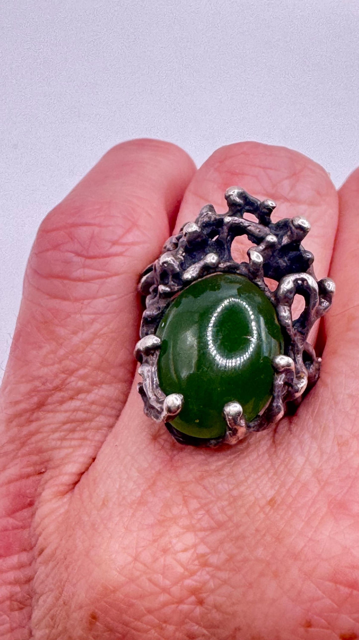 Vintage Green Ring Jade Nephirite 925 Sterling Silver Size 8.25