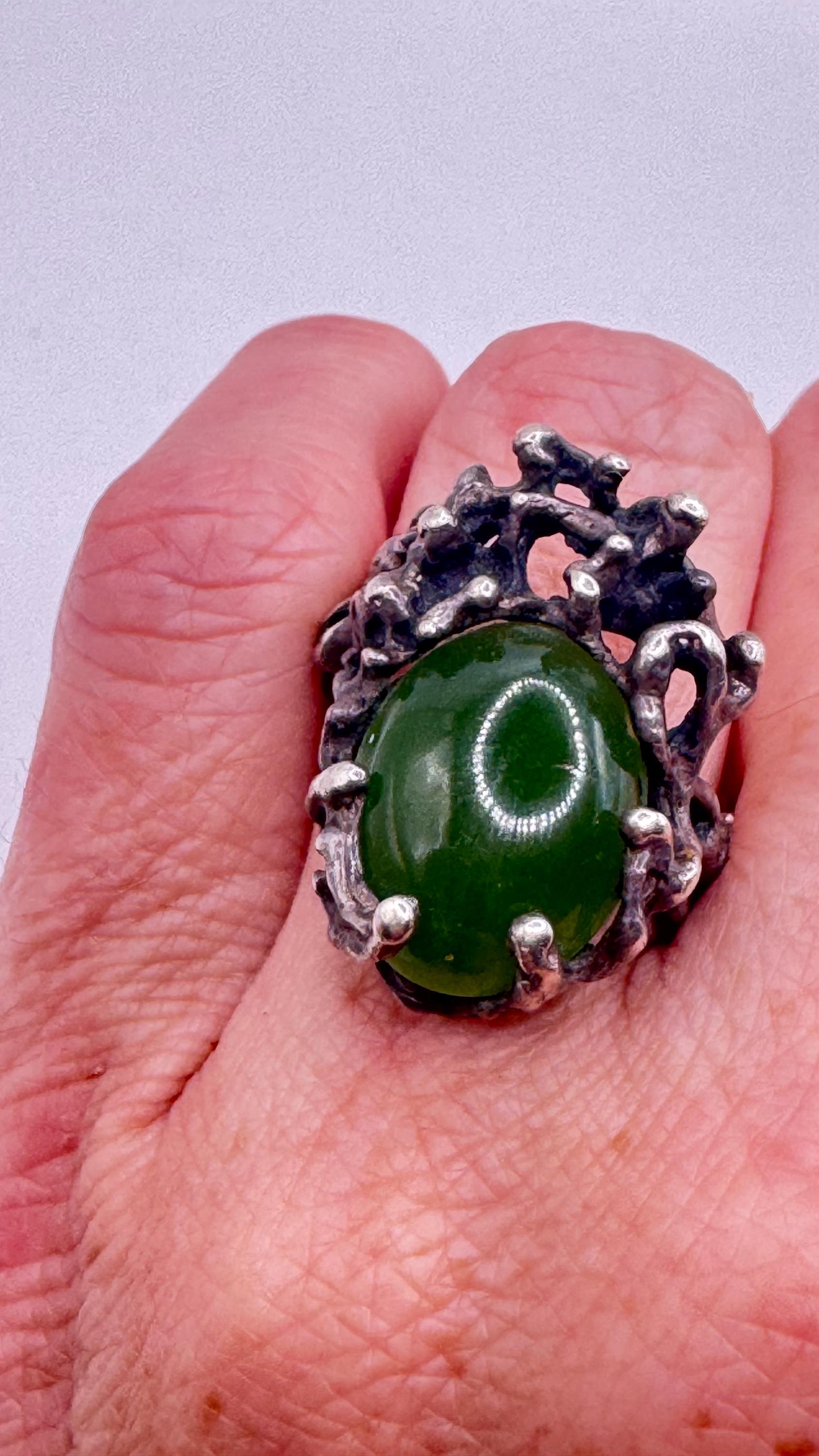 Vintage Green Ring Jade Nephirite 925 Sterling Silver Size 8.25