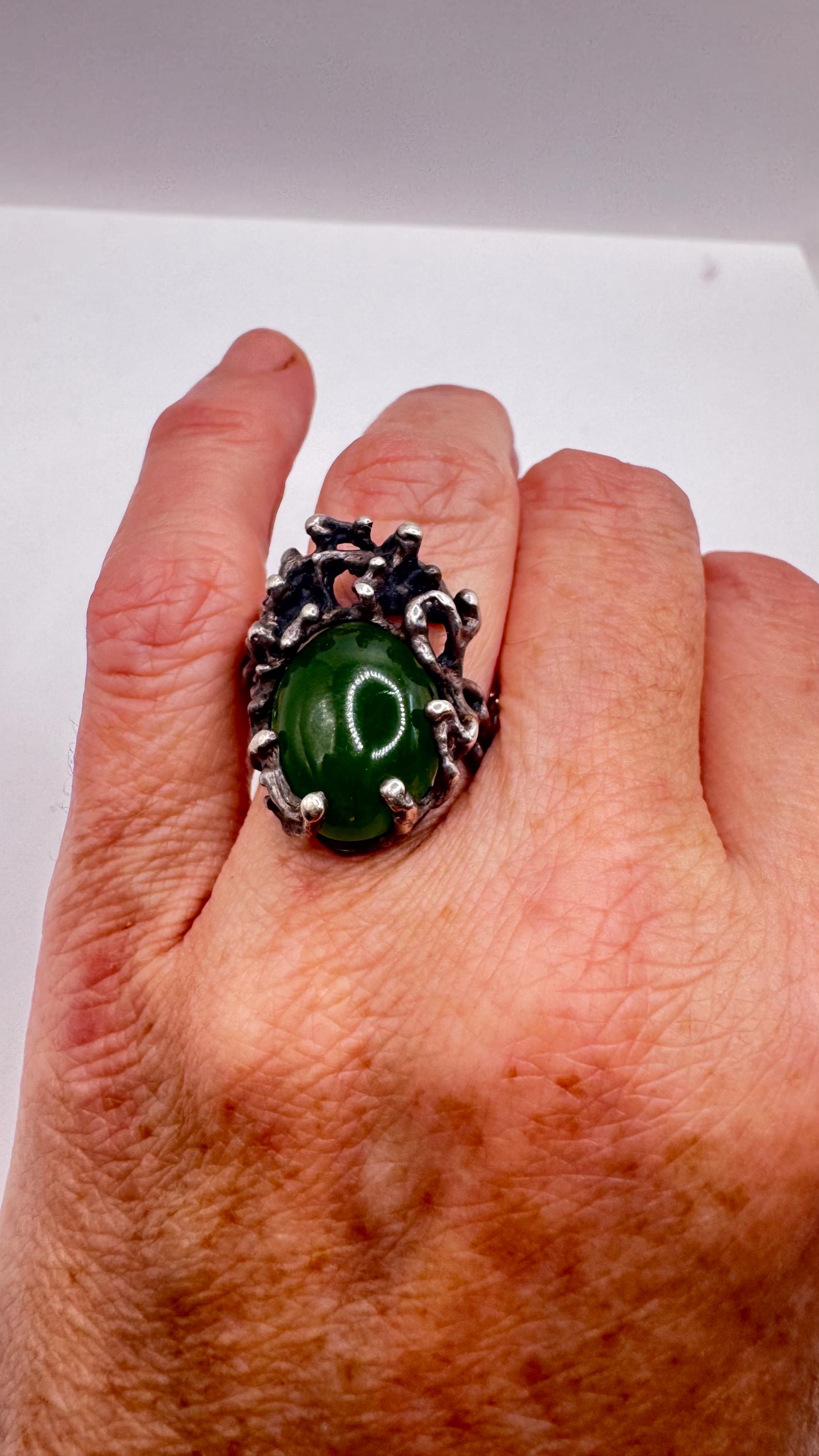 Vintage Green Ring Jade Nephirite 925 Sterling Silver Size 8.25