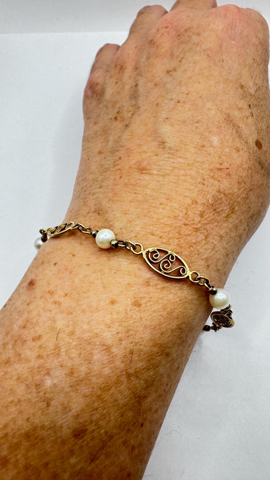 Vintage Green Jade Pearl Bracelet Gold filled