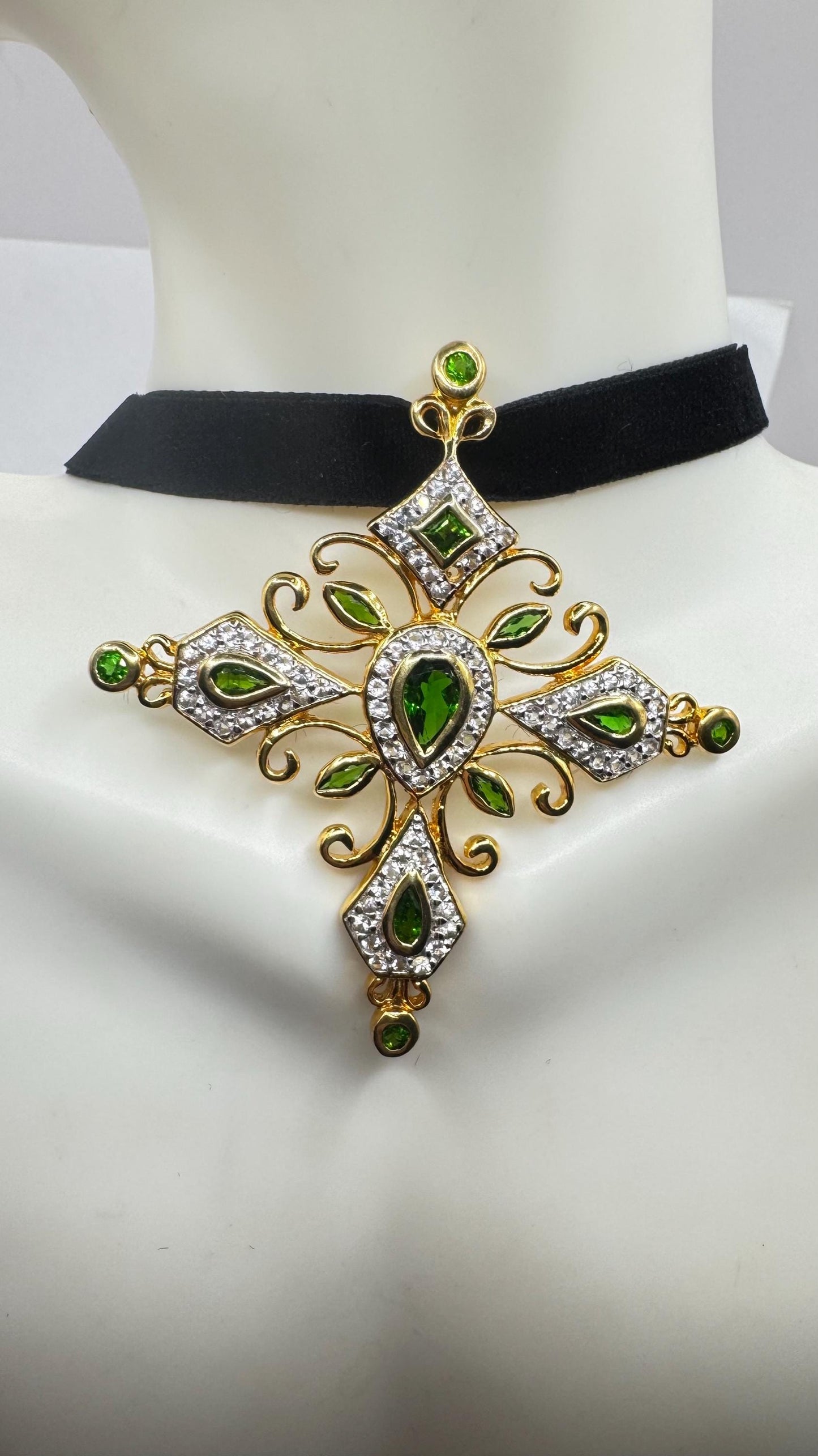 Vintage Handmade 925 Sterling Silver Gold Finish Crome Dipsode Cross Pendant