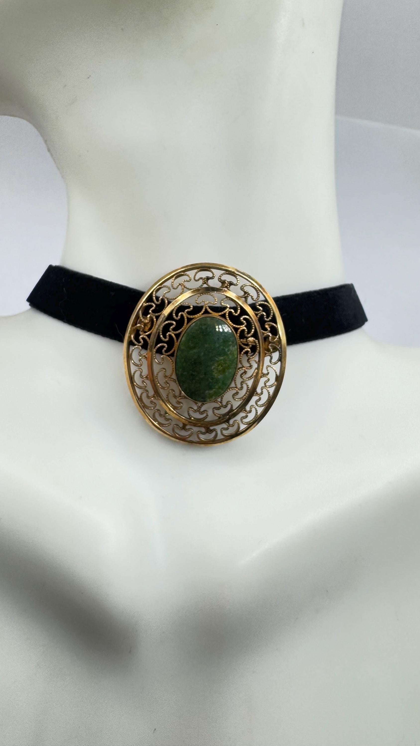 Vintage Green Jade Yellow Gold Filled Brooch Pin