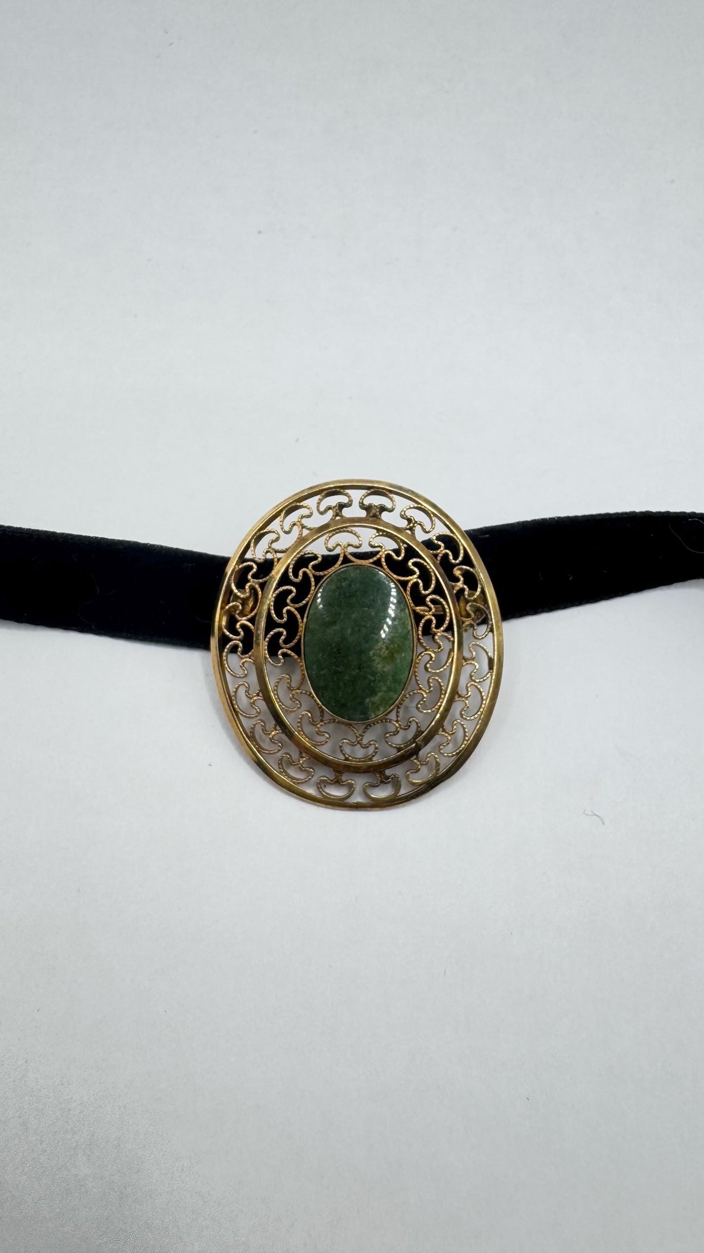 Vintage Green Jade Yellow Gold Filled Brooch Pin