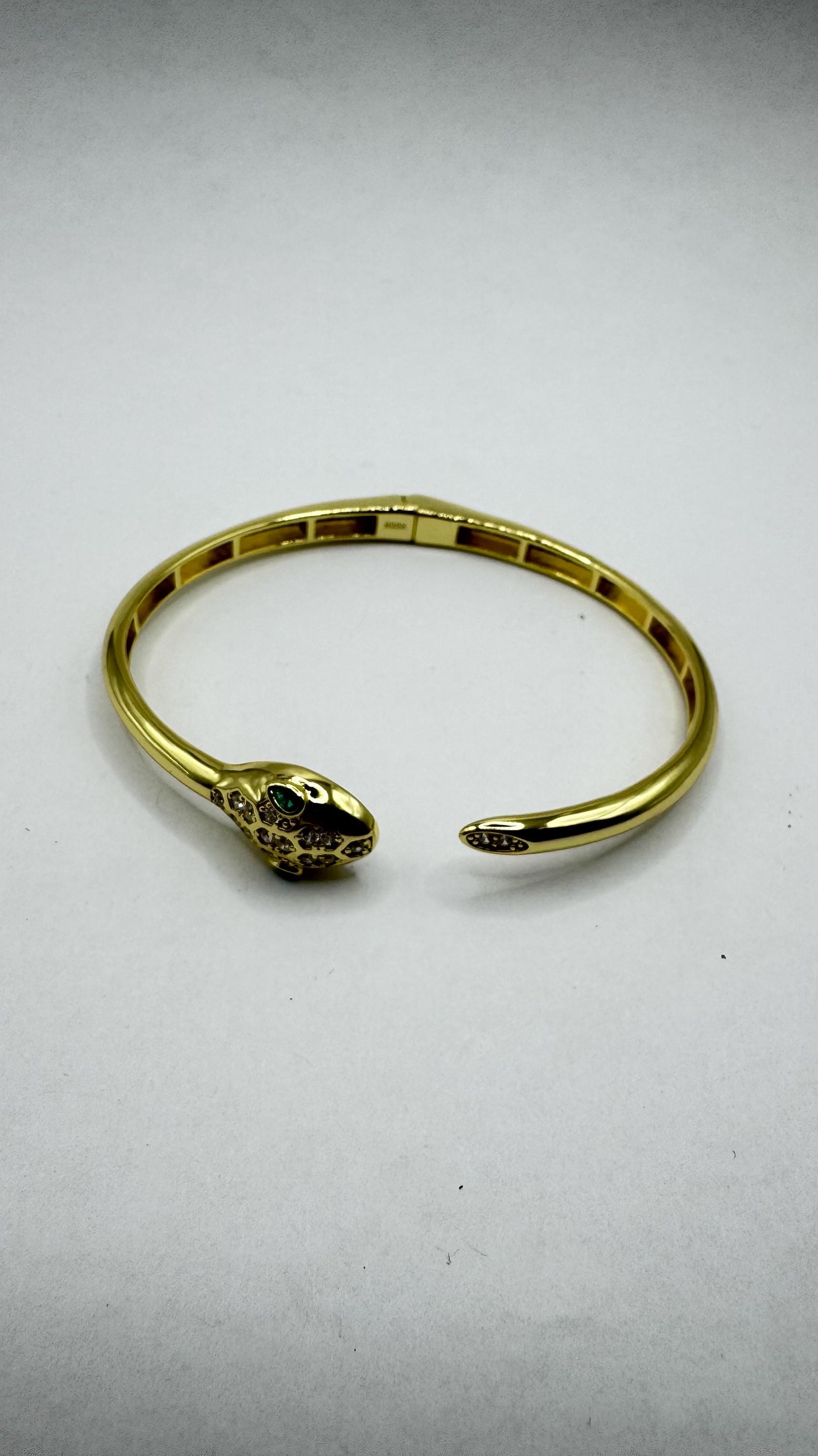 Vintage Snake Bangle Bracelet Gold 925 Sterling Silver Crystal Pave