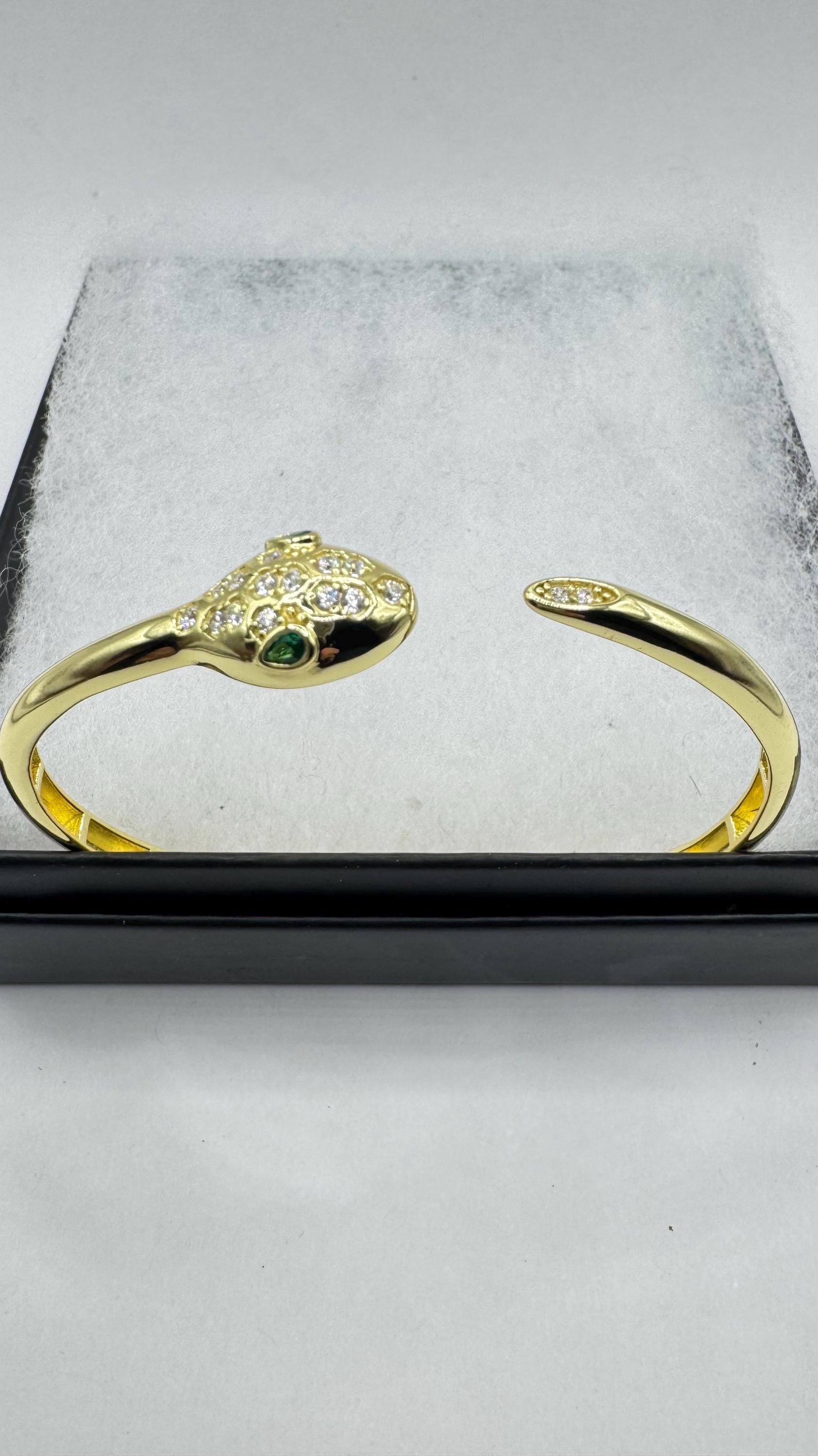 Vintage Snake Bangle Bracelet Gold 925 Sterling Silver Crystal Pave