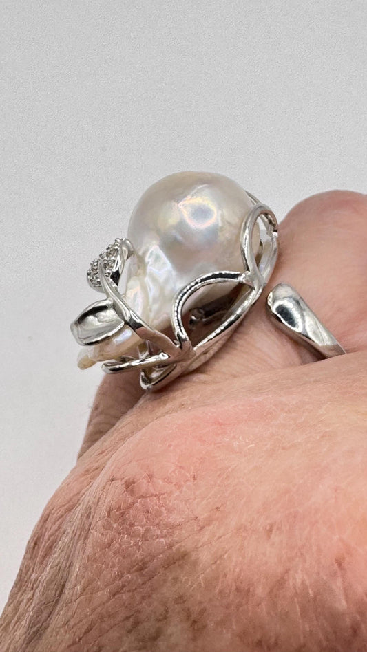 Vintage Biwa Pearl Ring 925 Sterling Silver Cocktail Statement Adjustable