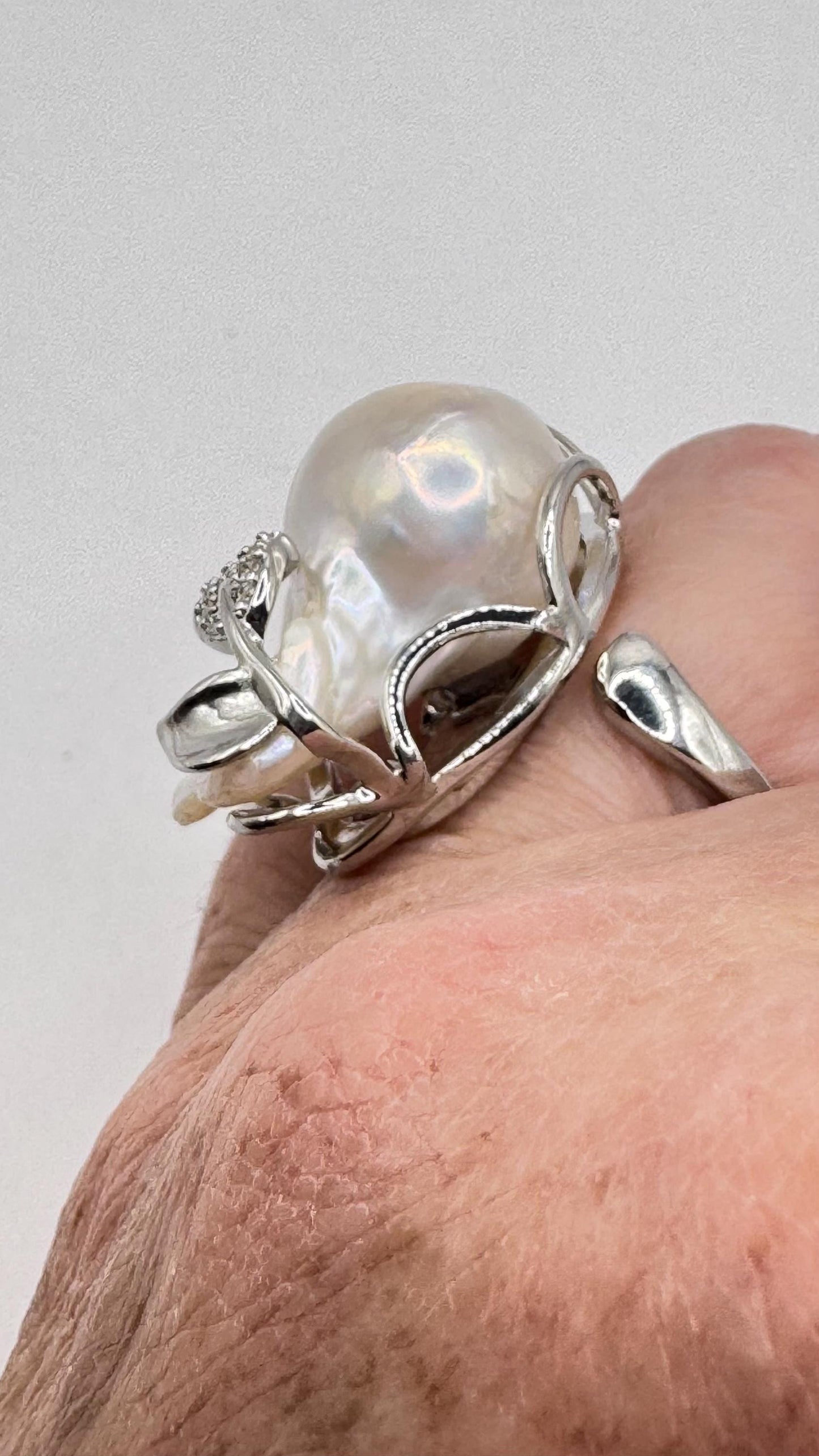 Vintage Biwa Pearl Ring 925 Sterling Silver Cocktail Statement Adjustable