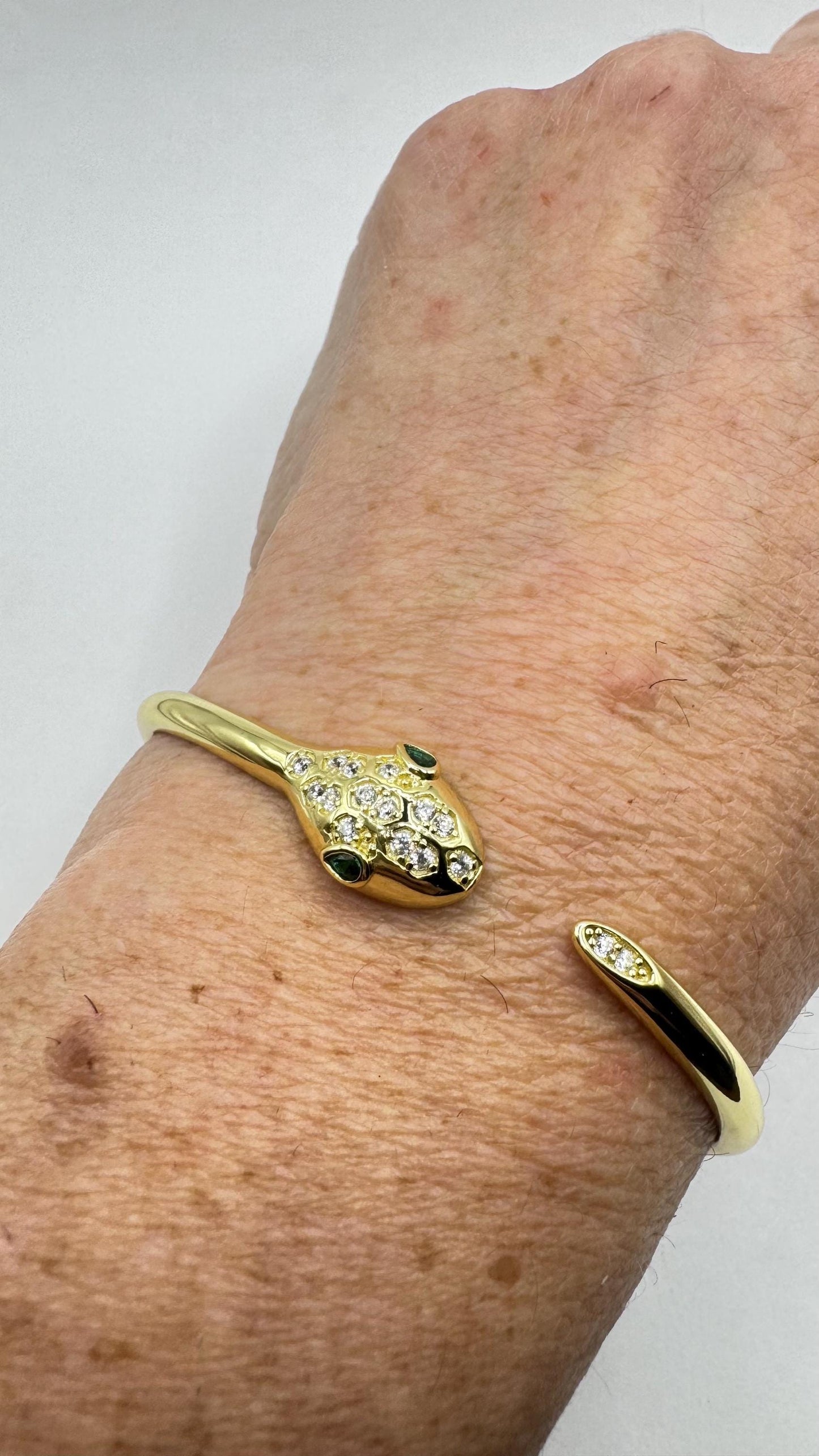 Vintage Snake Bangle Bracelet Gold 925 Sterling Silver Crystal Pave