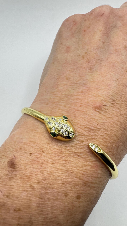 Vintage Snake Bangle Bracelet Gold 925 Sterling Silver Crystal Pave