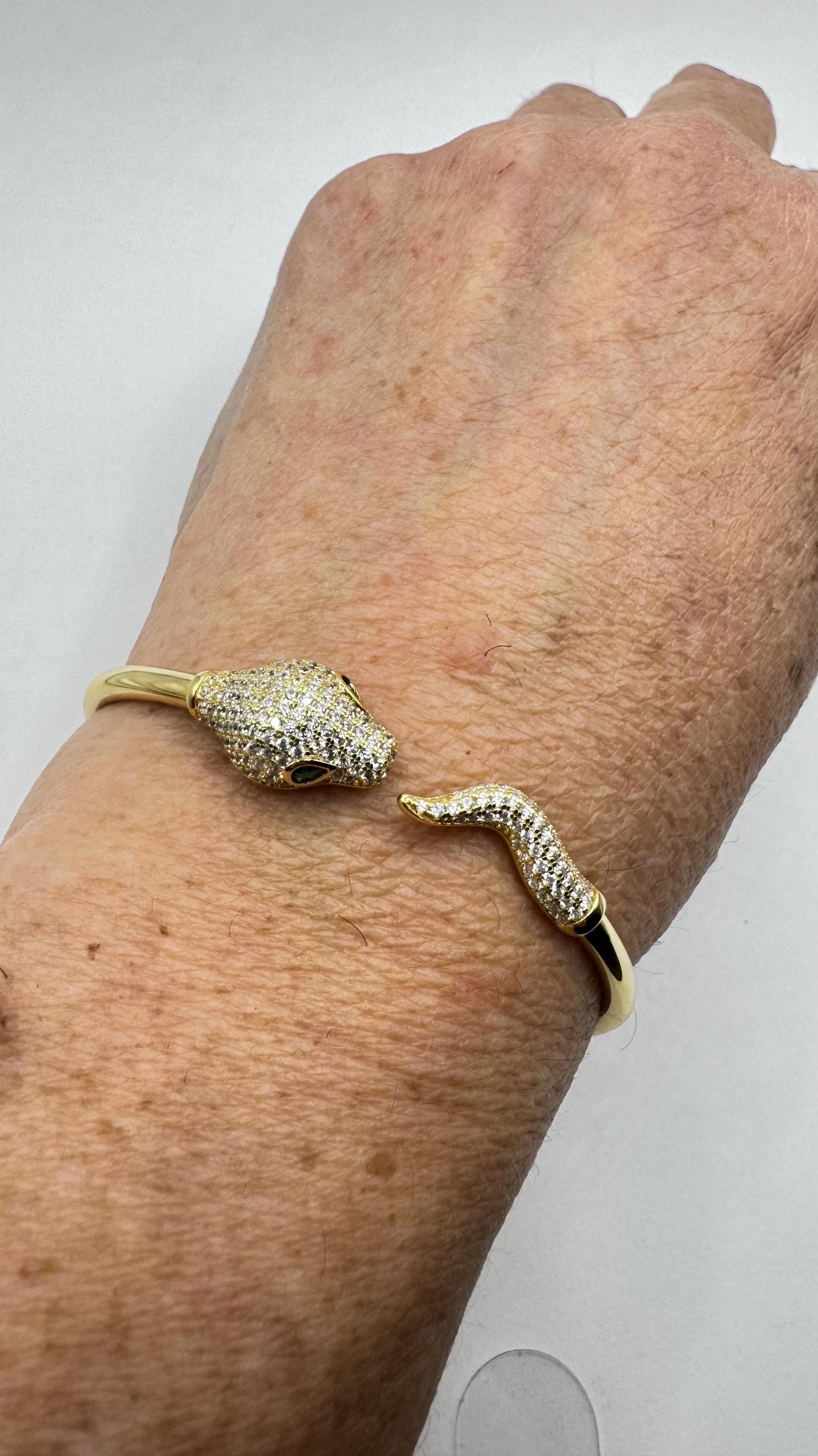 Vintage Snake Bangle Bracelet Gold 925 Sterling Silver Crystal Pave