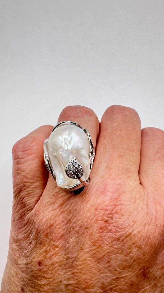 Vintage Biwa Pearl Ring 925 Sterling Silver Cocktail Statement Adjustable