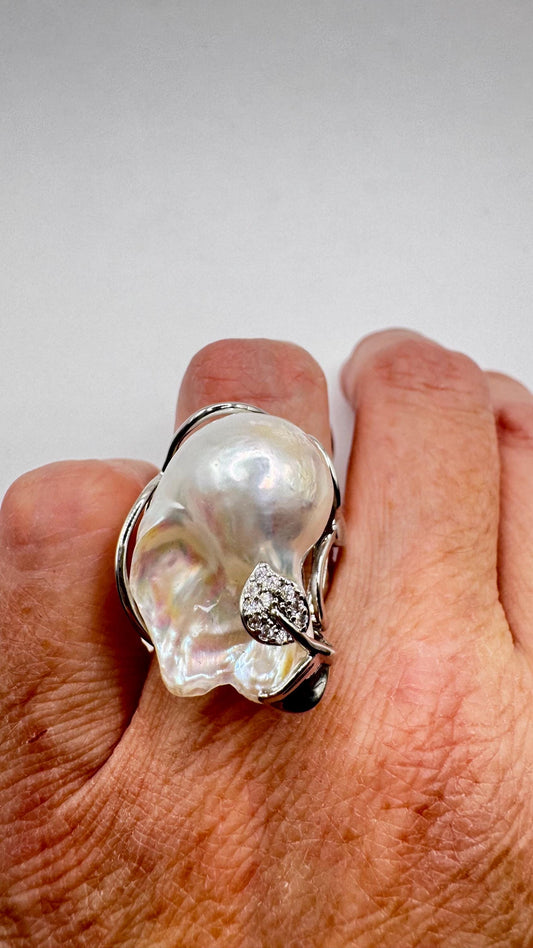 Vintage Biwa Pearl Ring 925 Sterling Silver Cocktail Statement Adjustable