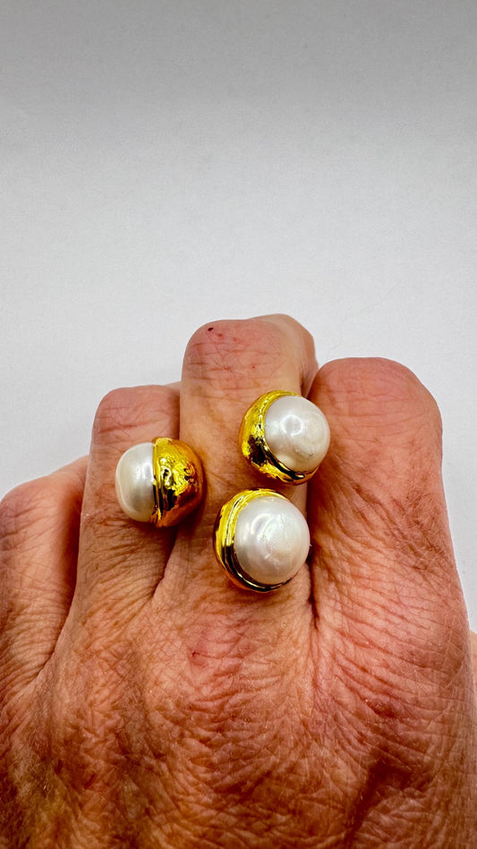 Vintage Biwa Pearl Ring Golden 925 Sterling Silver Cocktail Statement Adjustable