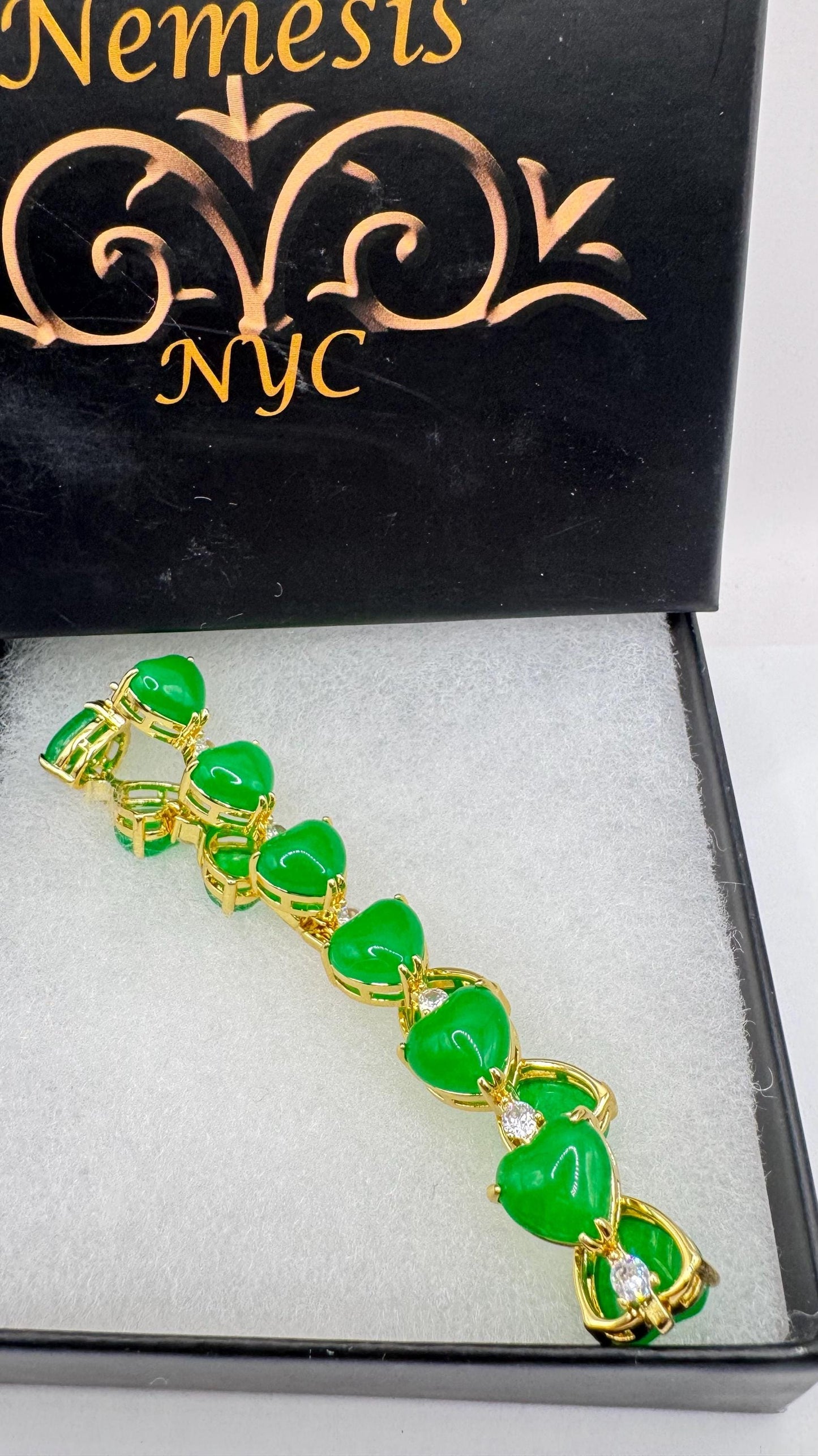 Vintage Green Jade Heart Bracelet Golden White Bronze