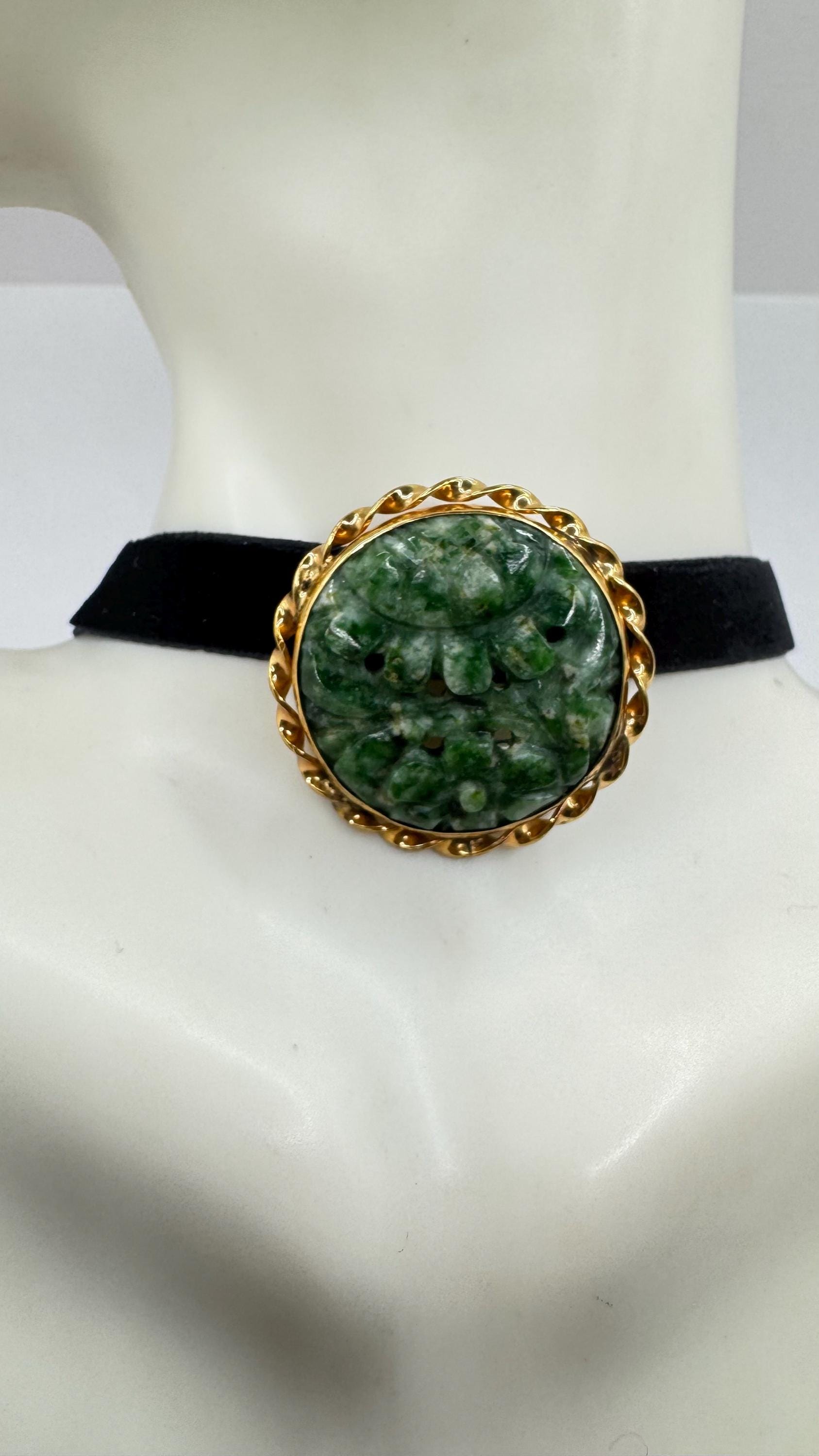 Vintage Green Jade Yellow Gold Filled Brooch Pin