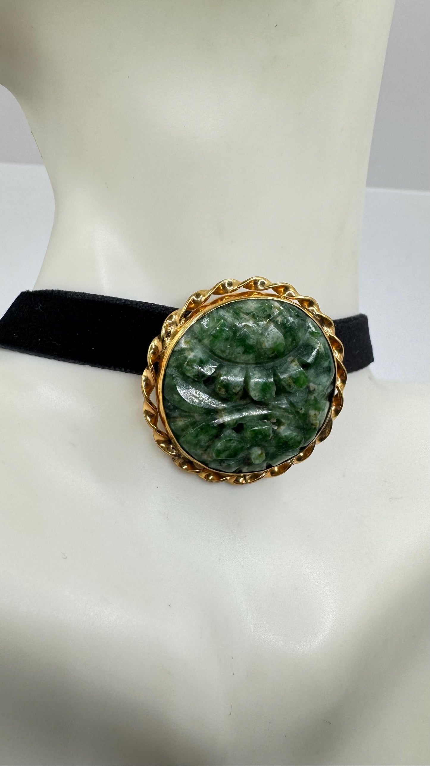 Vintage Green Jade Yellow Gold Filled Brooch Pin