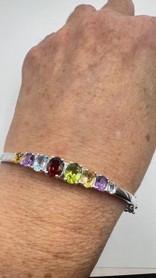 Genuine Mixed Gemstones in 925 Sterling Silver Deco Bangle Bracelet